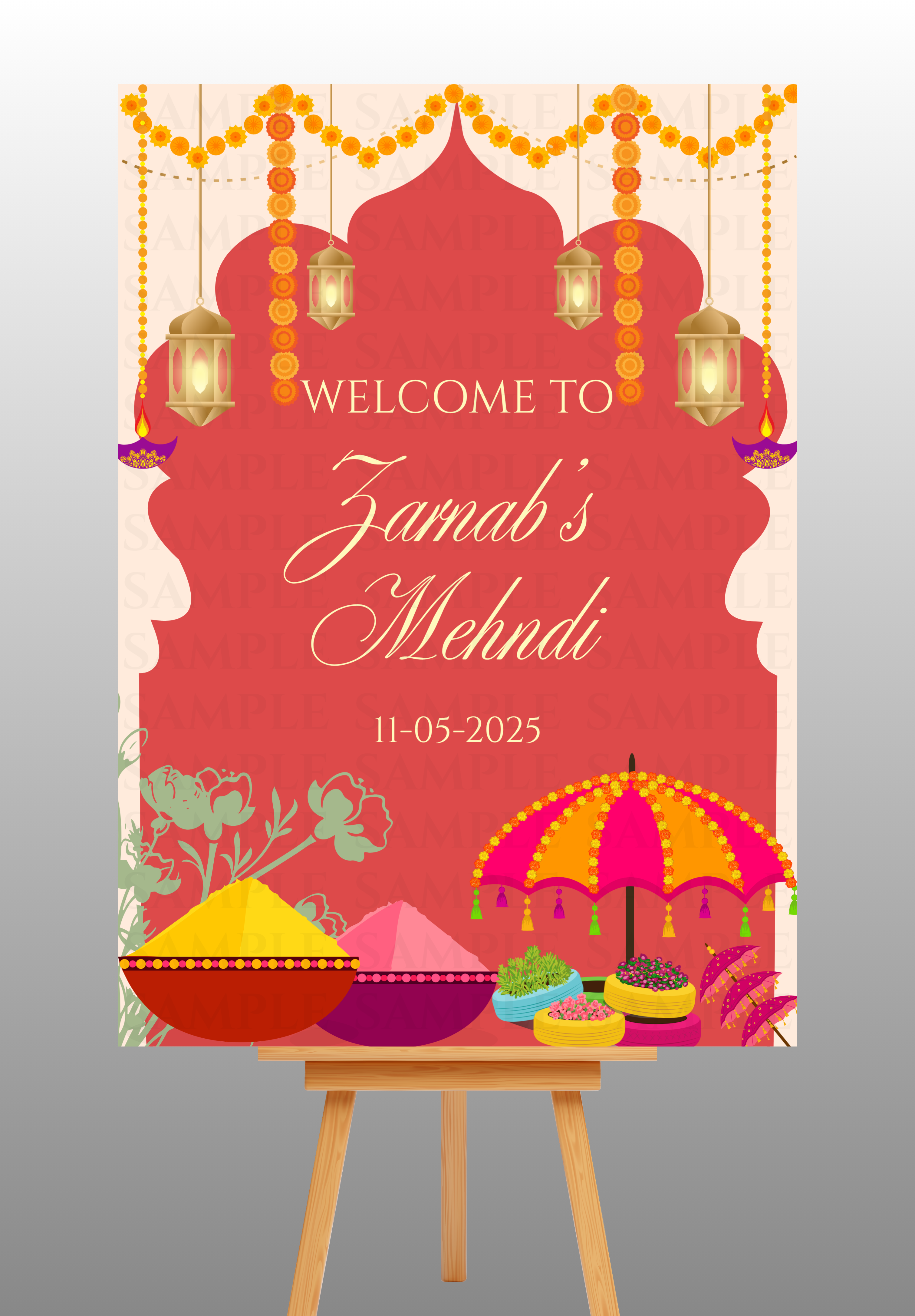 Cream and Red Mehndi Welcome Board