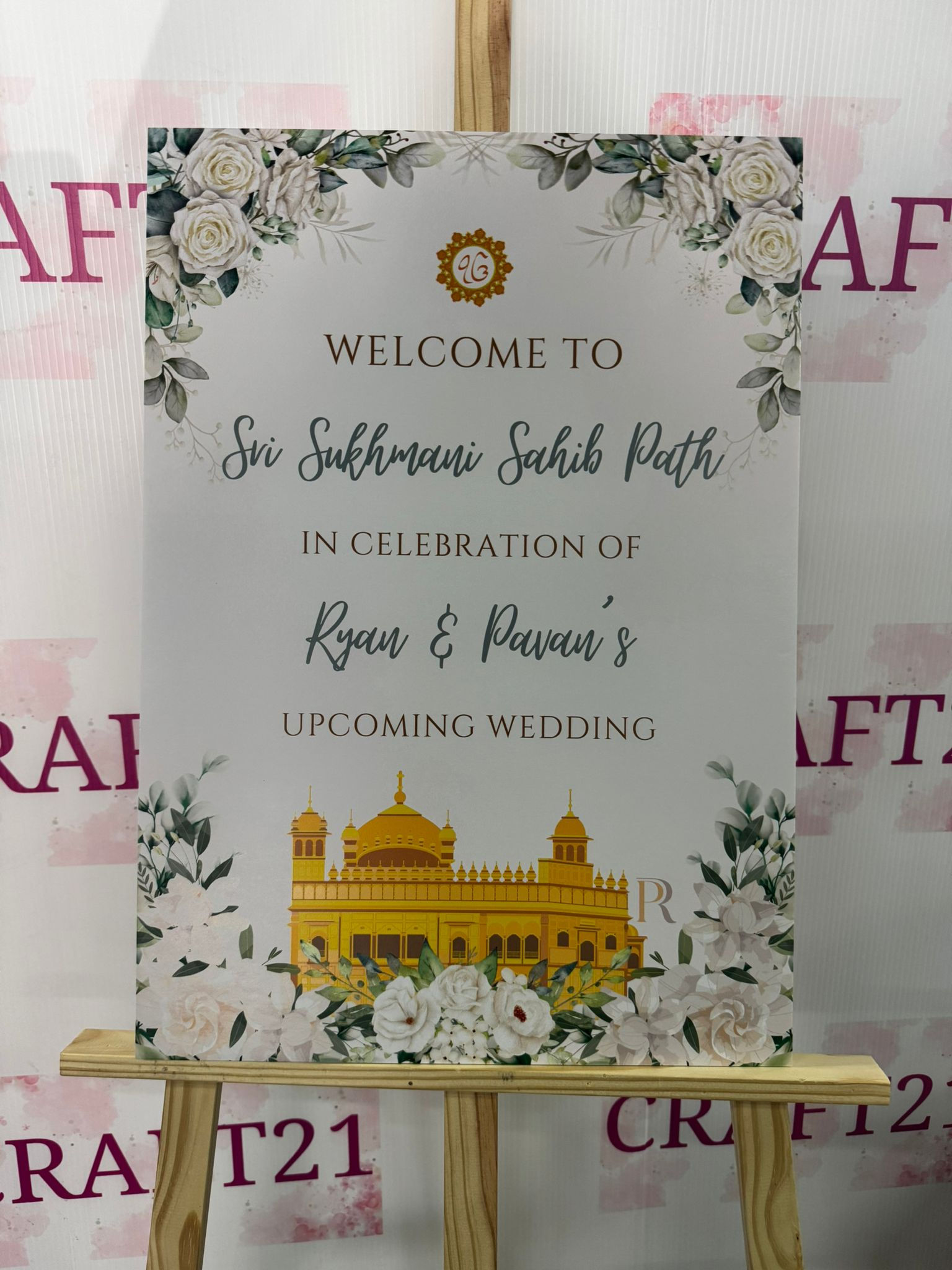 Green and White Watercolour Floral Wedding Welcome Board