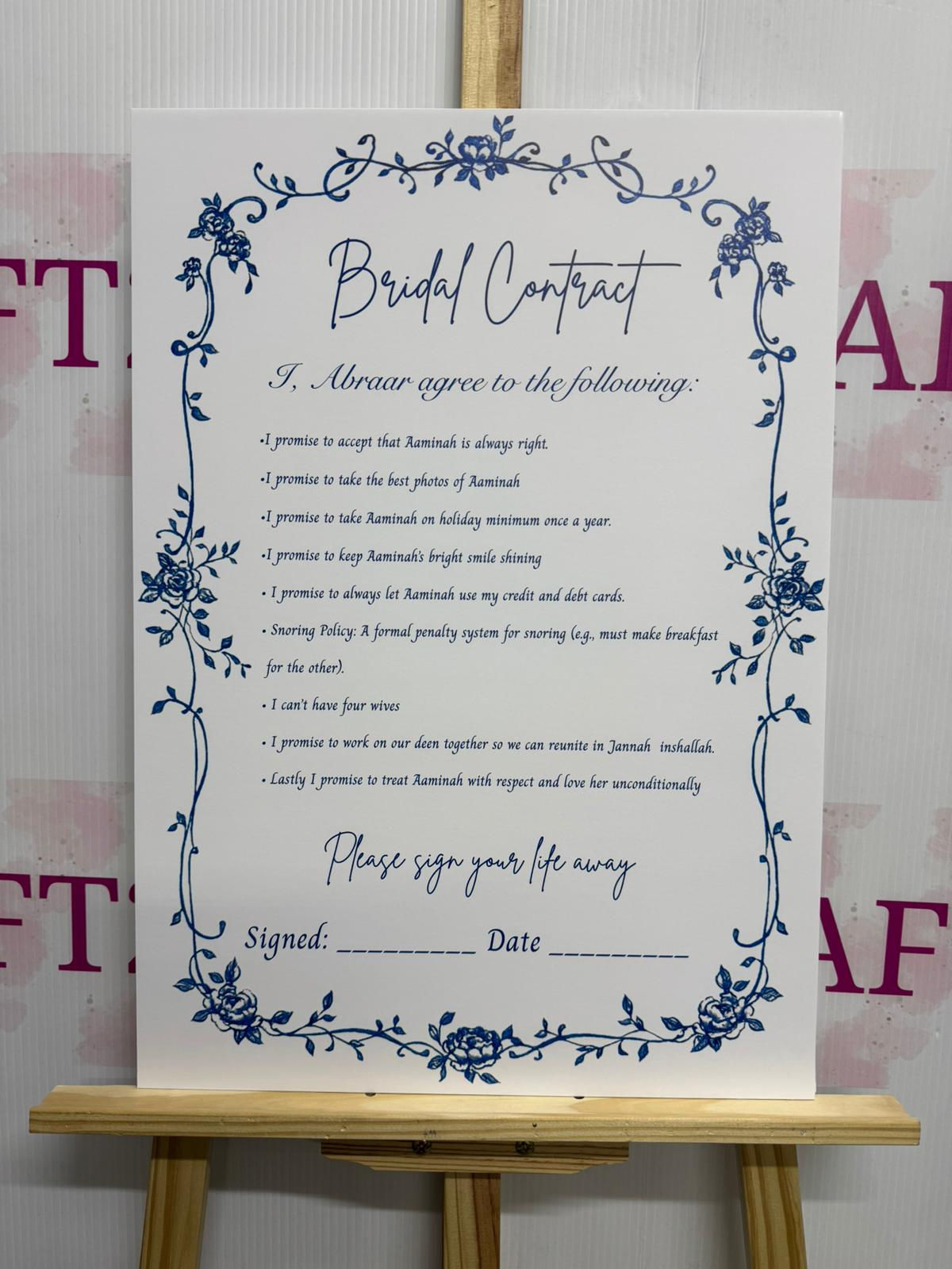 Blue Roses Frame Wedding/Bridal Contract Board