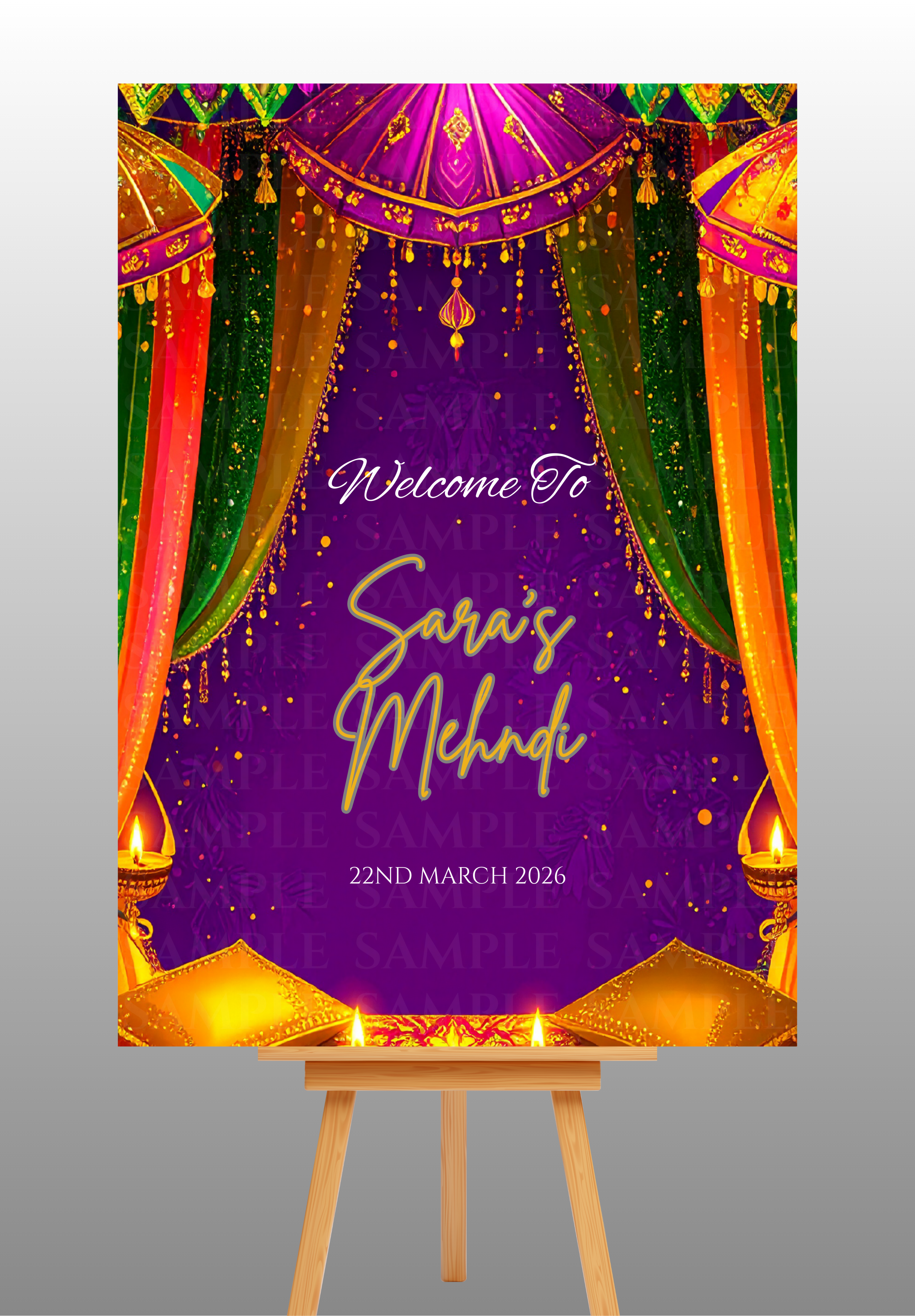 Elegant Purple Green and Orange Mehndi Welcome Board