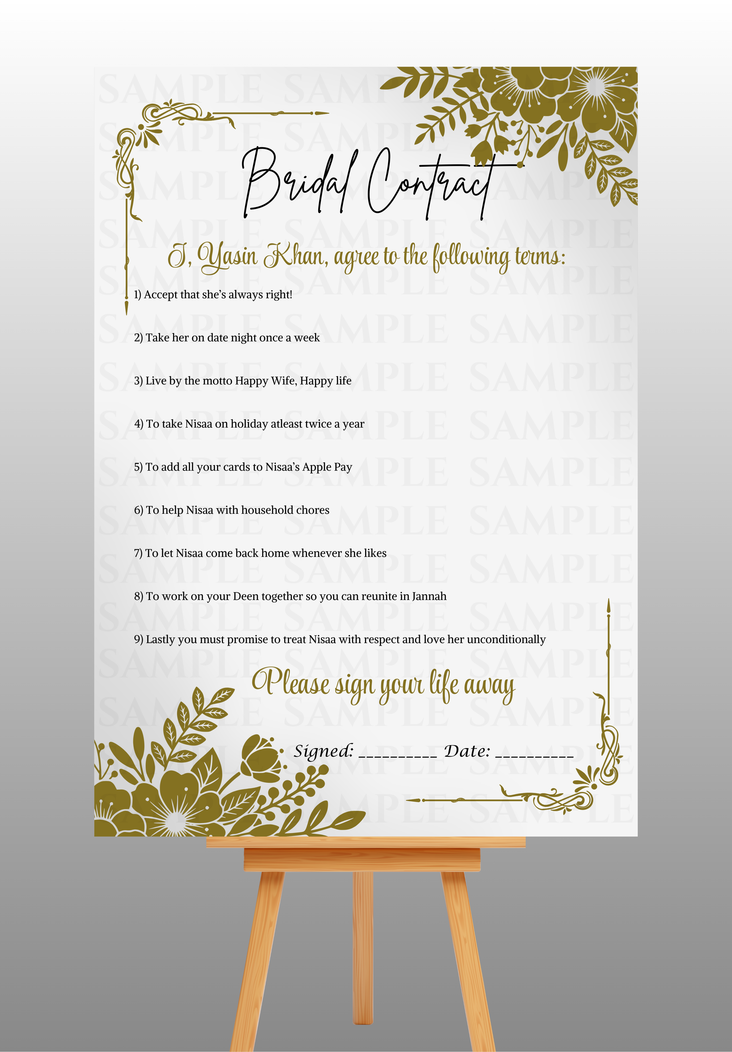 Golden Frame Wedding/Bridal Contract Board