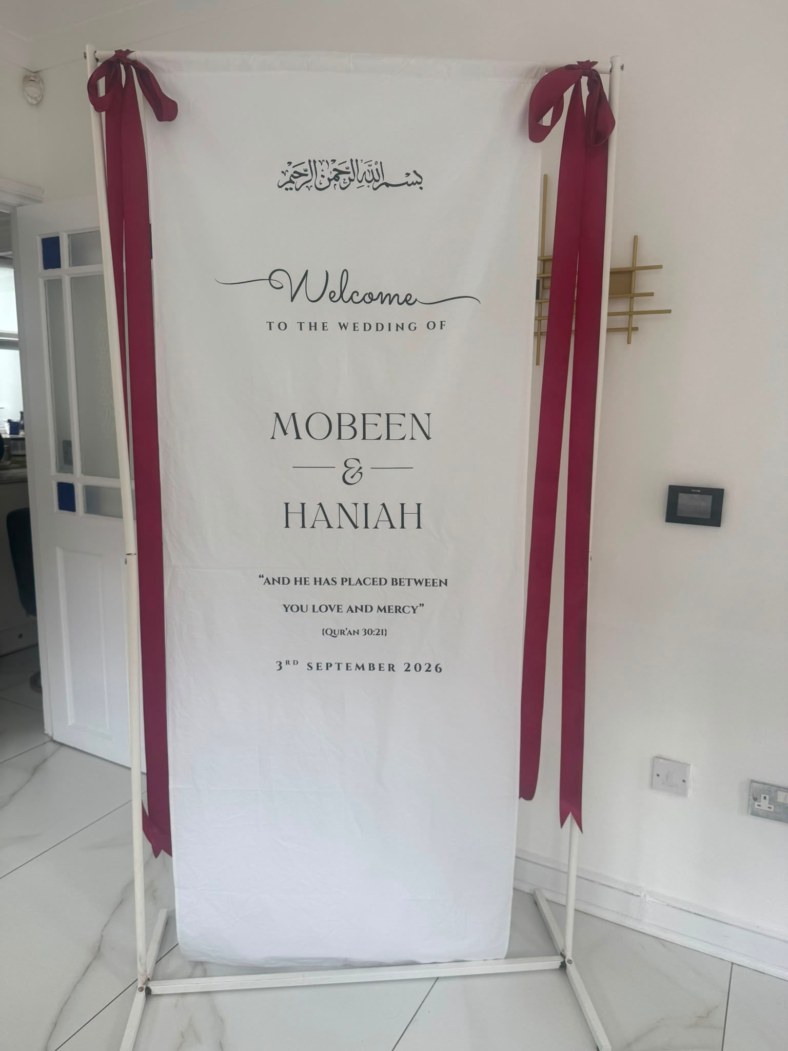 Meter White Fabric Banner With Red Ribbon