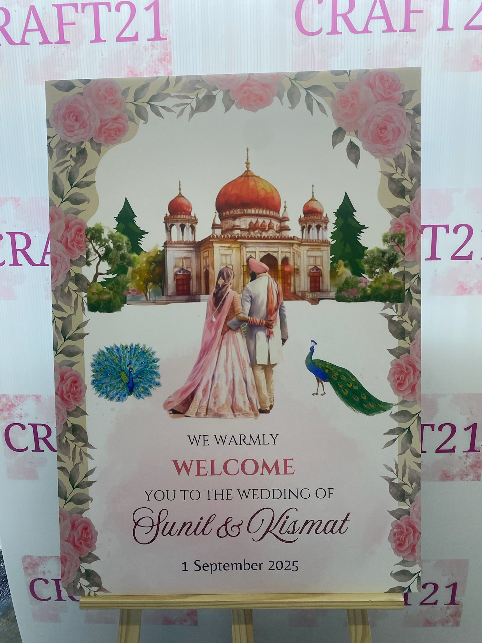 Green and Pink Wedding Welcome Board