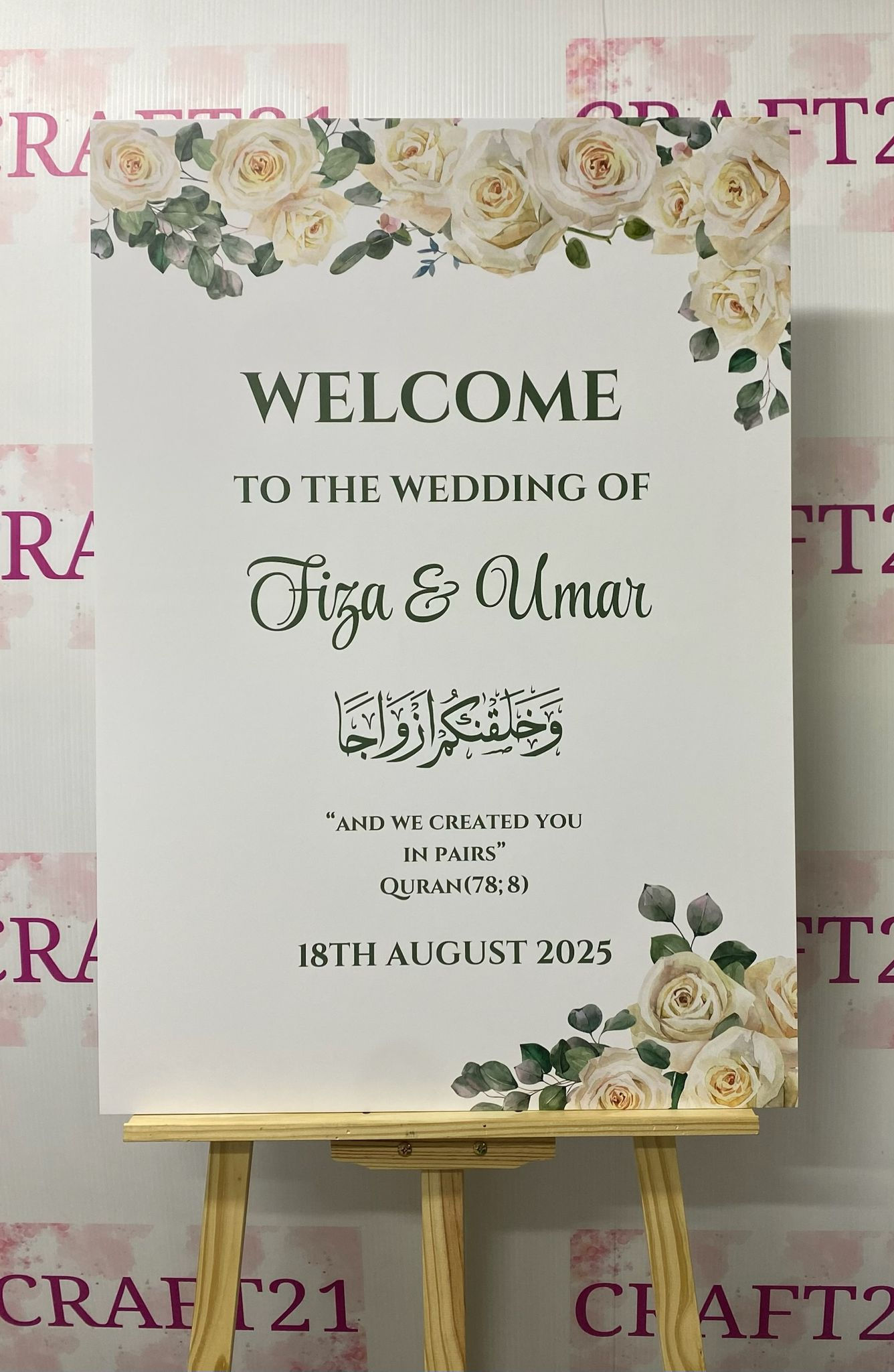 White and Green Floral Wedding Welcome Board