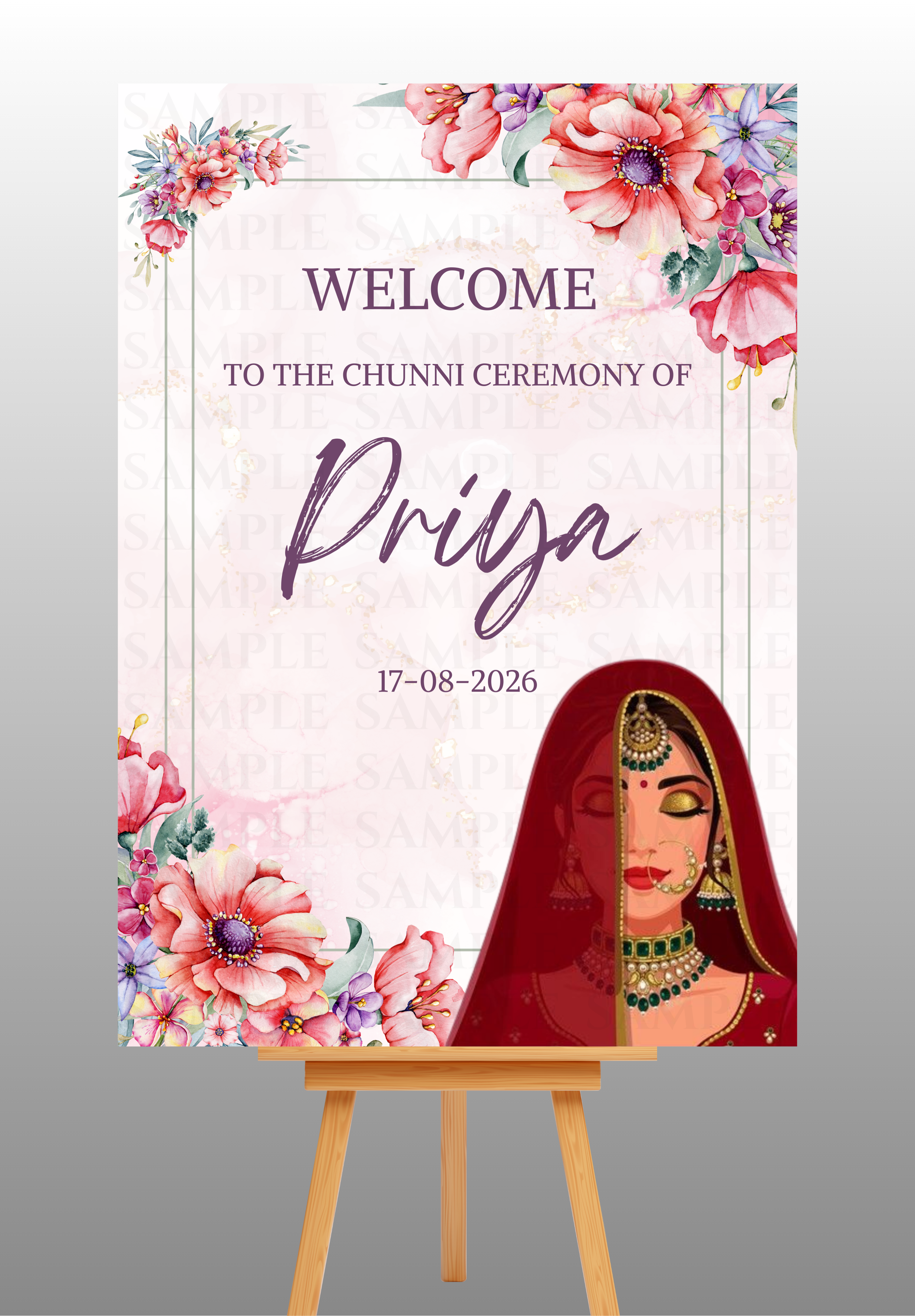 Watercolour Dark Pink Floral Engagement/Chunni Ceremony Welcome Board