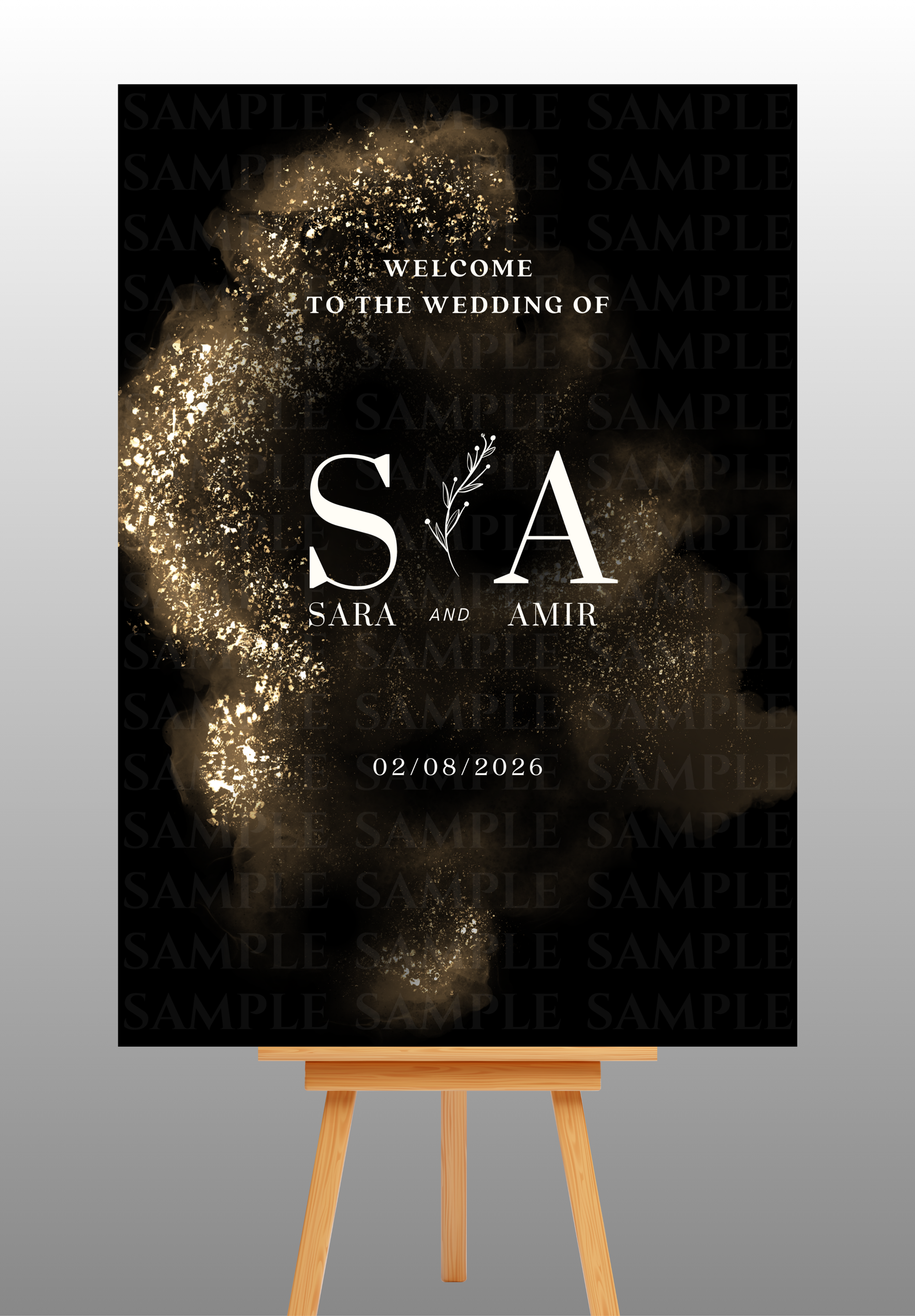 Black and Gold Sparkles Wedding Welcome Board