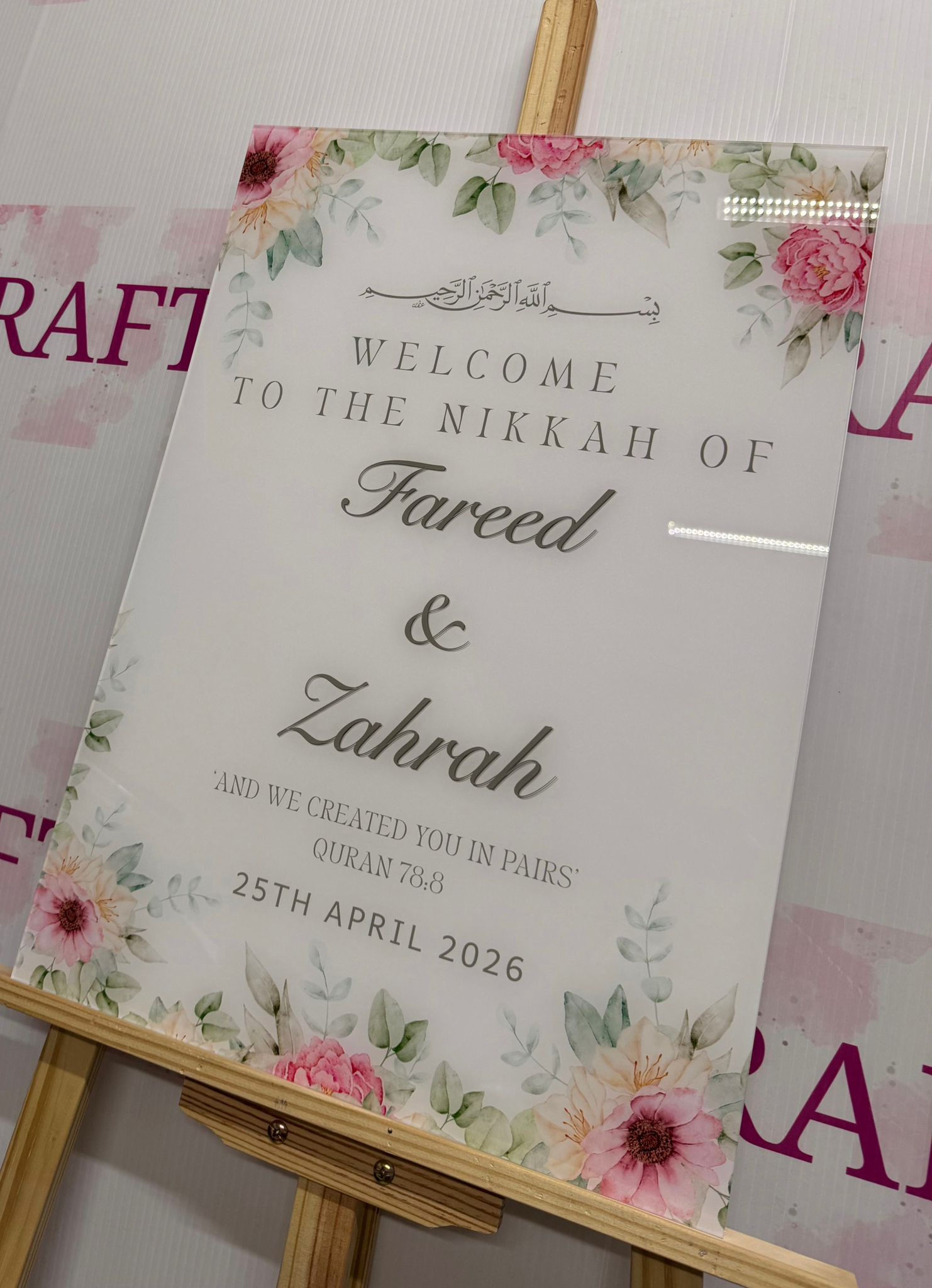Watercolour Green and Pink Floral Acrylic Nikkah Welcome Board