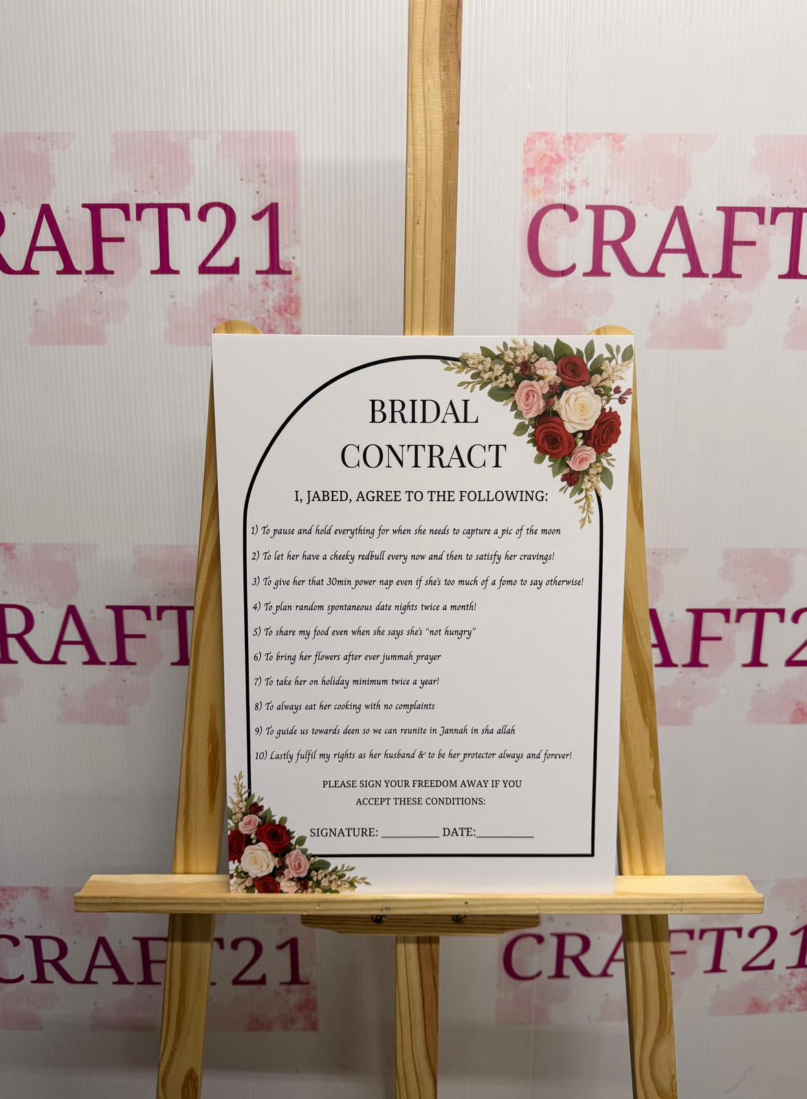 Red and Cream Floral Arch Wedding/Bridal Contract Board
