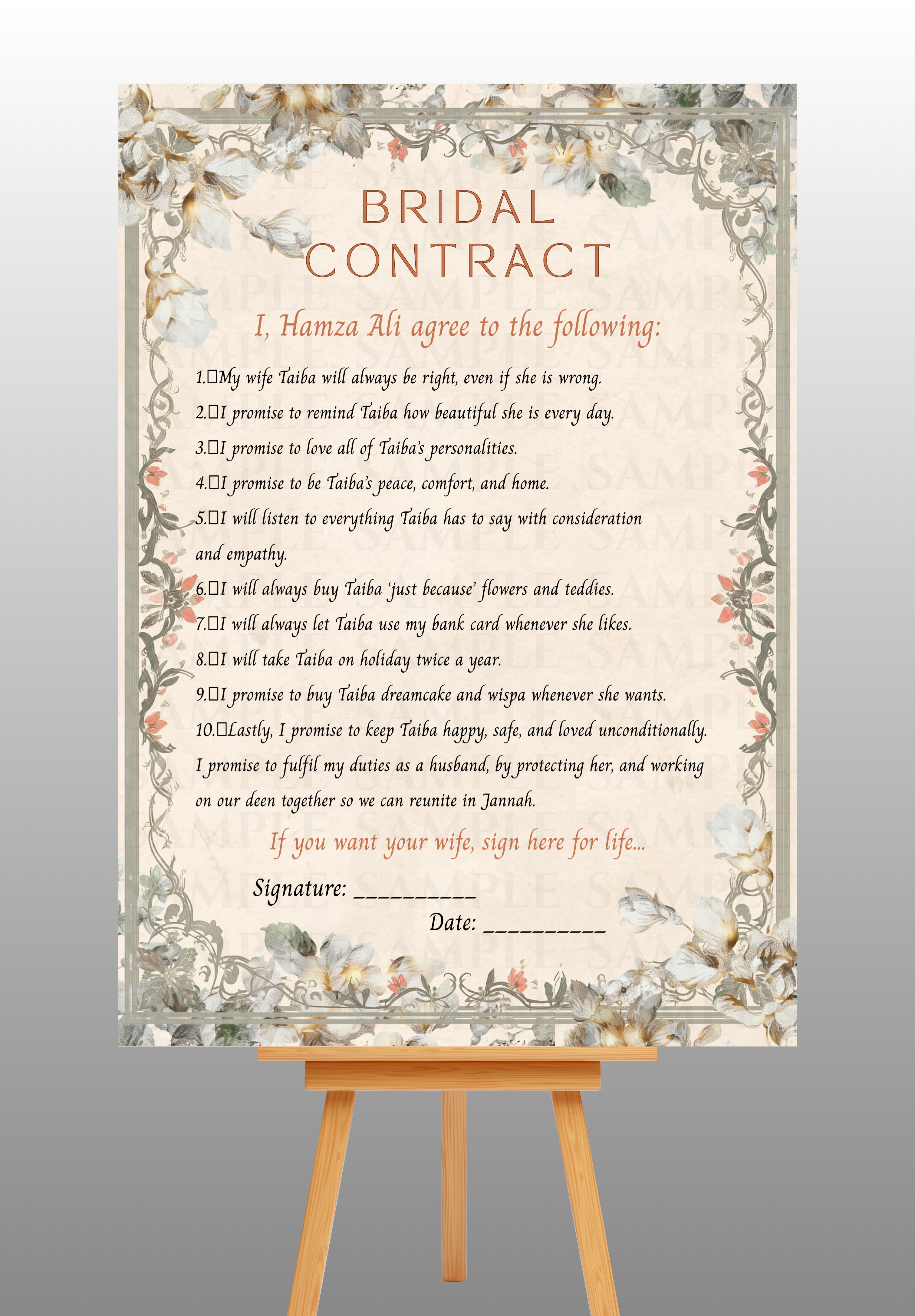 Vintage Floral Frame Wedding/Bridal Contract Board