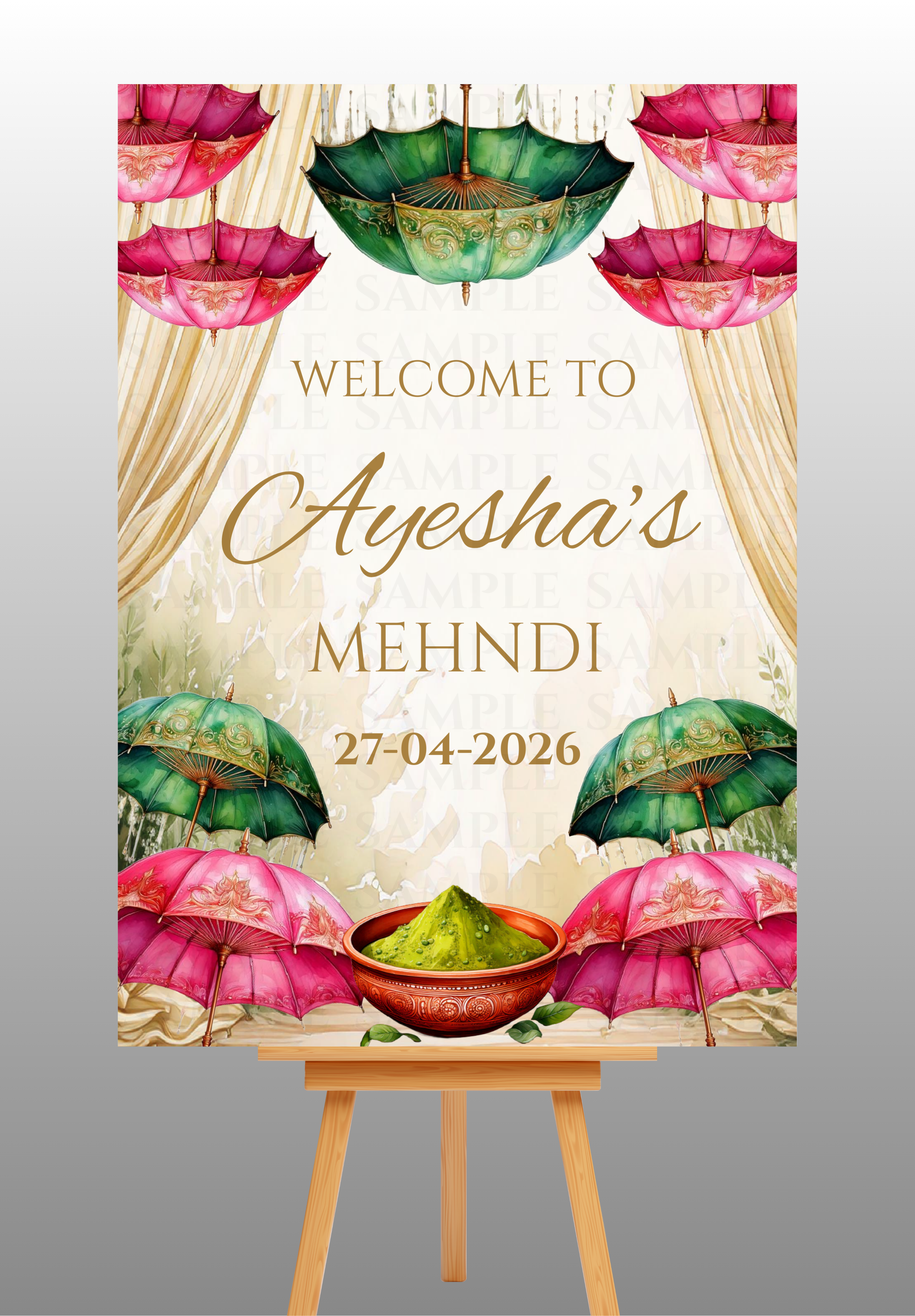 Pink and Green Umbrella Theme Mehndi Welcome Board
