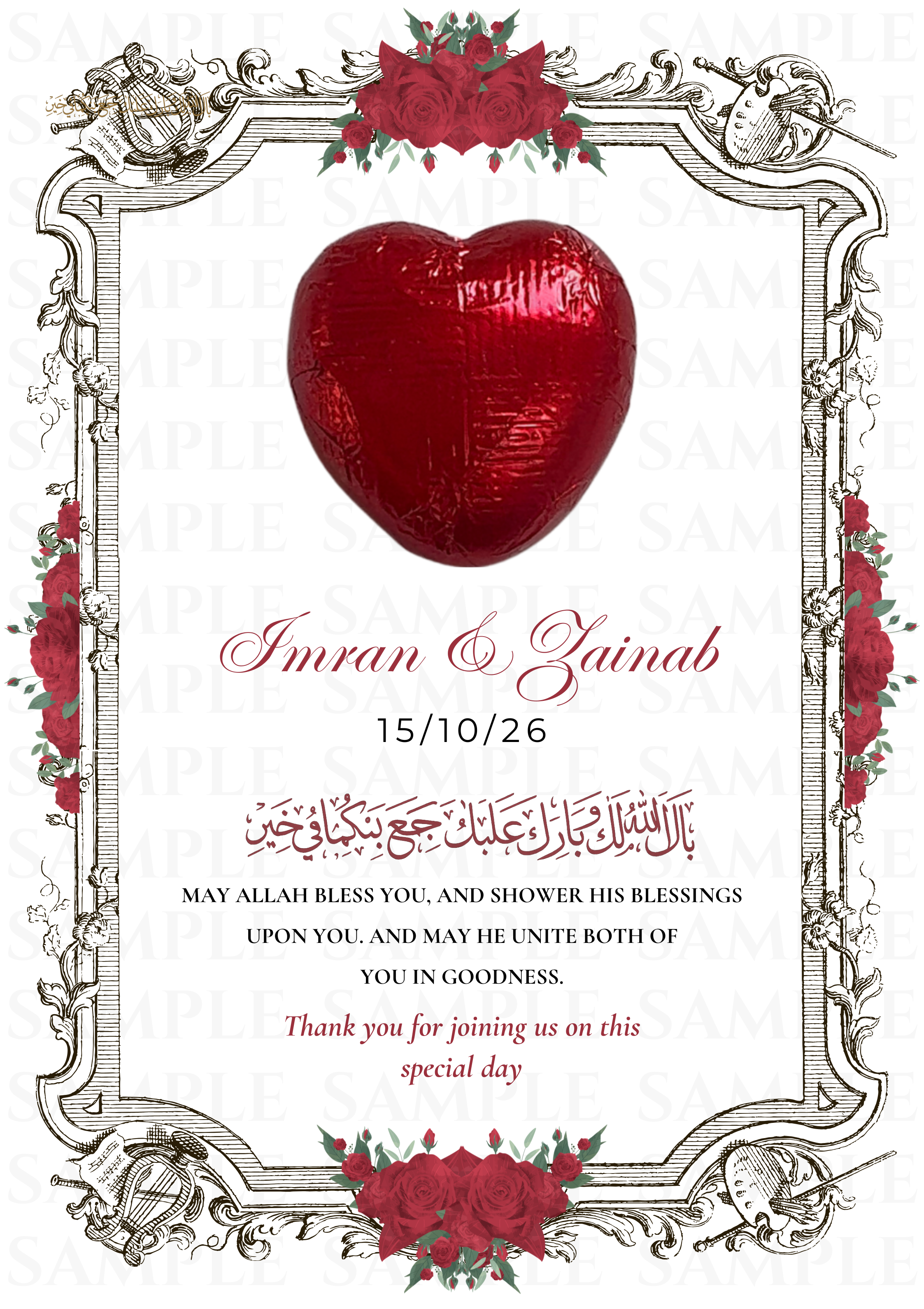 Vintage Floral Frame With Red Heart Chocolate Favours