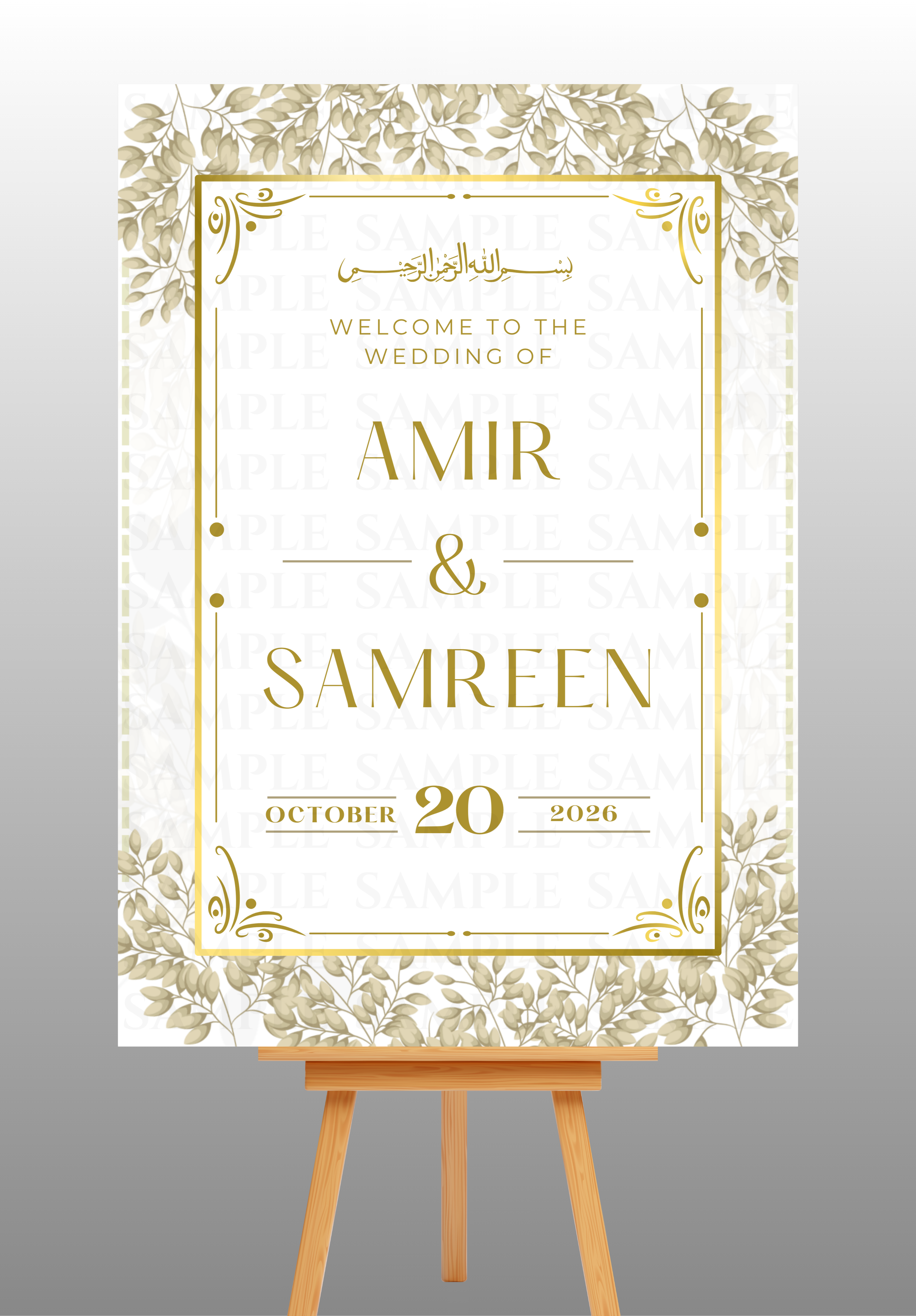 Gold Frame With Gold Floral Outline Wedding Welcome Board