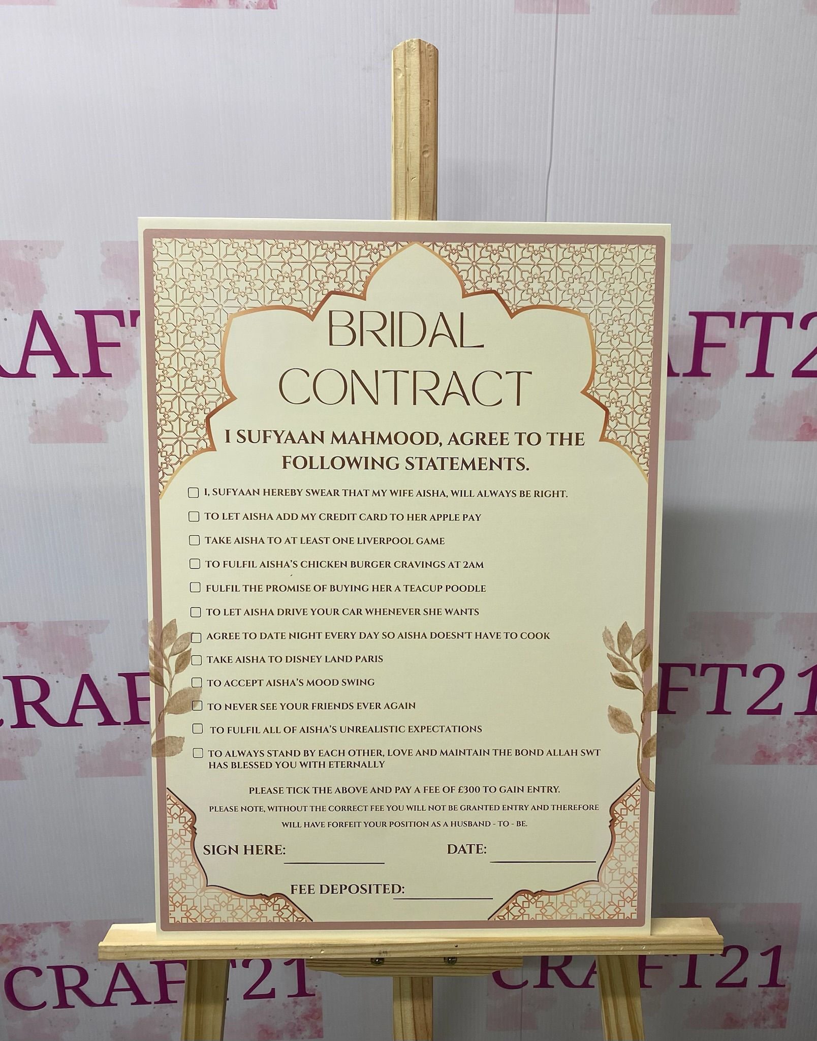 Gold Theme Bridal/Wedding Contract Board