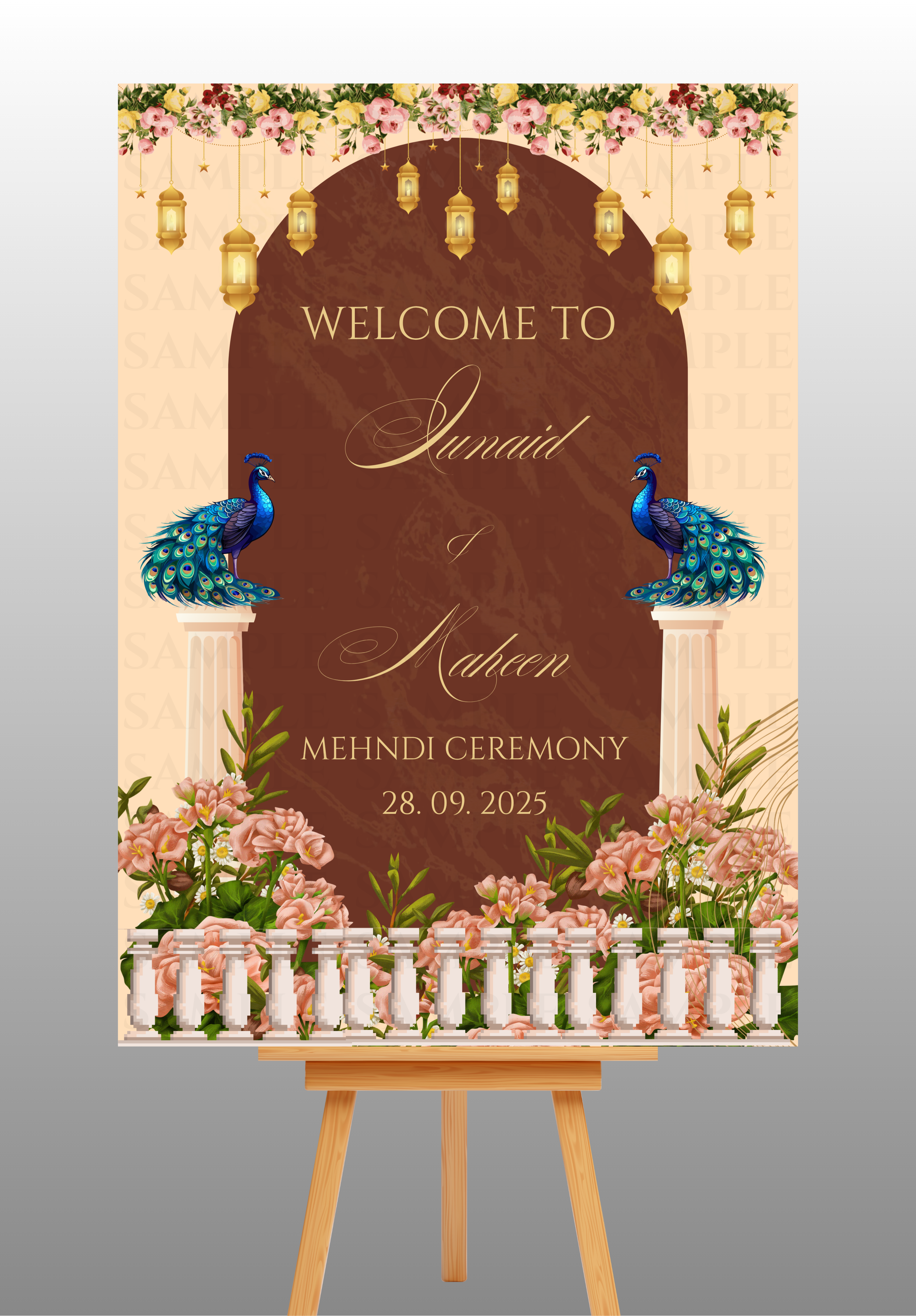 Beautiful Brown Floral Mehndi Welcome Board