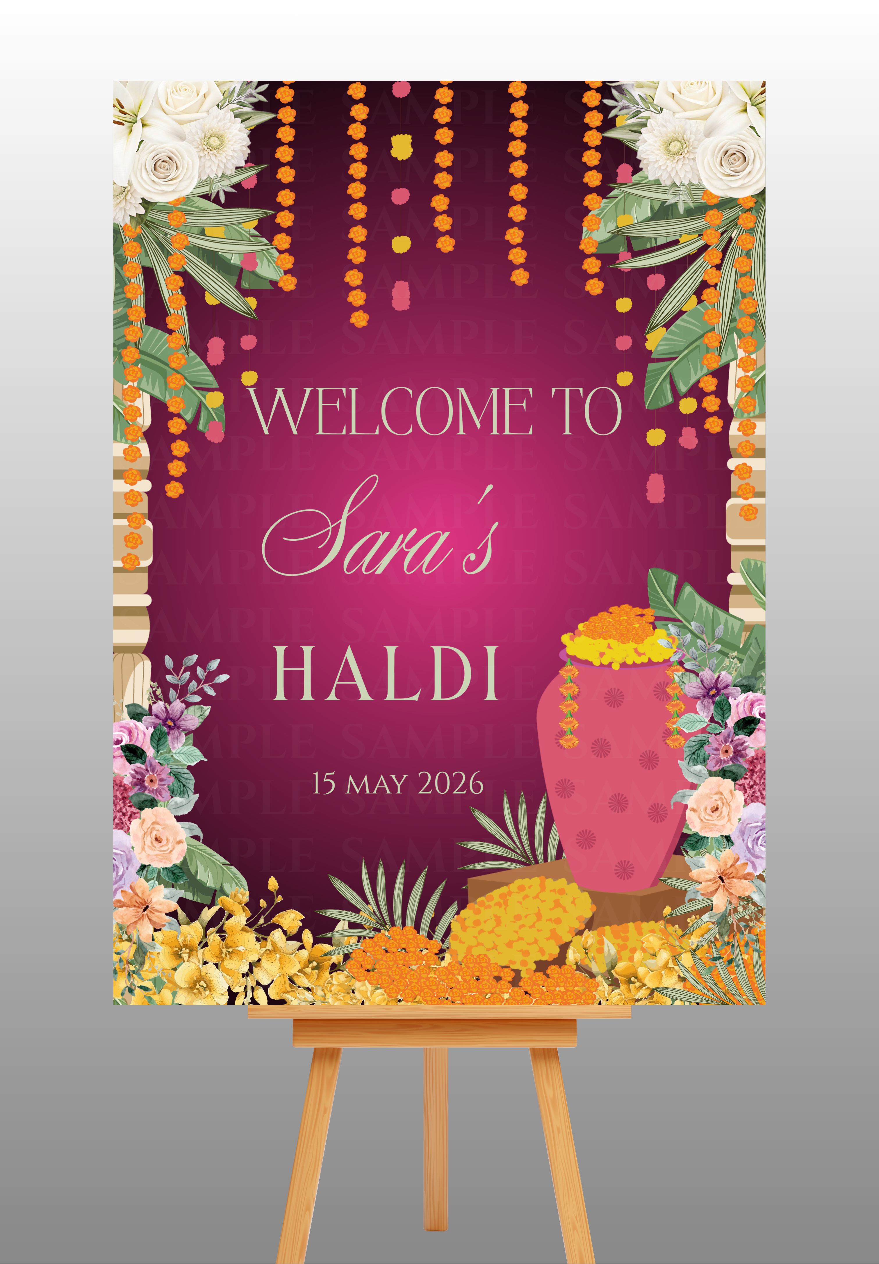 Elegant Purple Multifloral Haldi Welcome Board