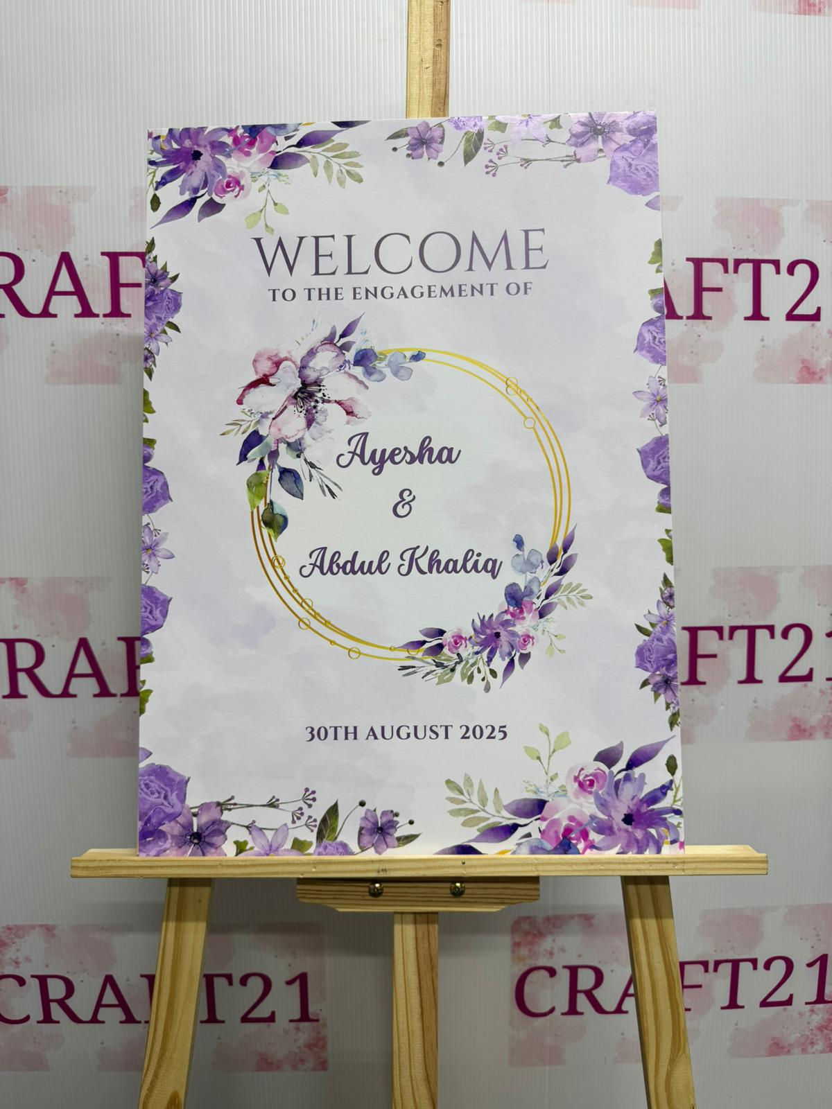 Purple Floral Theme Engagement Welcome Board