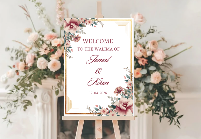 Elegant Pink Flowers With Gold Frame Walima Welcome Board