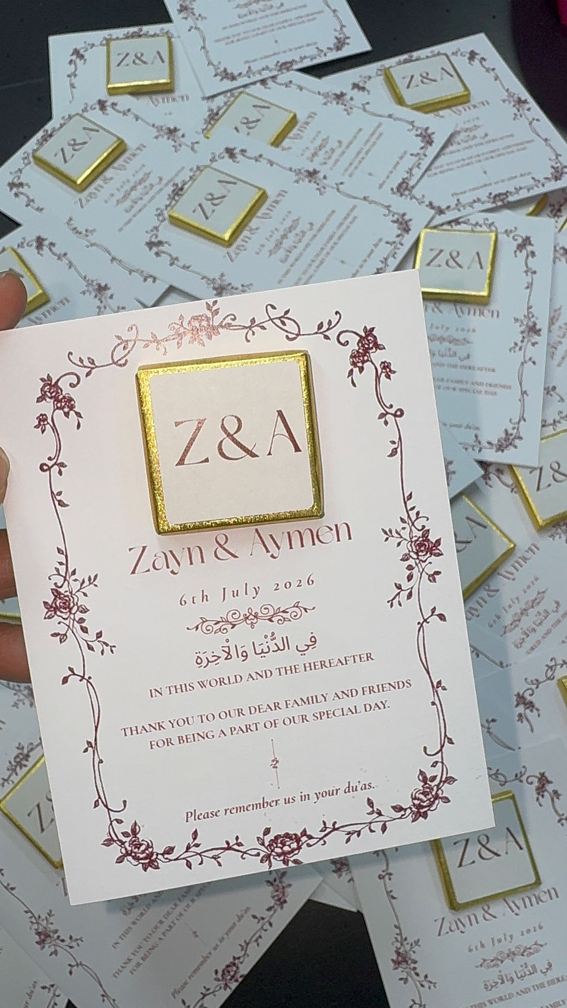 Maroon Floral Border Gold Square Chocolate Favour