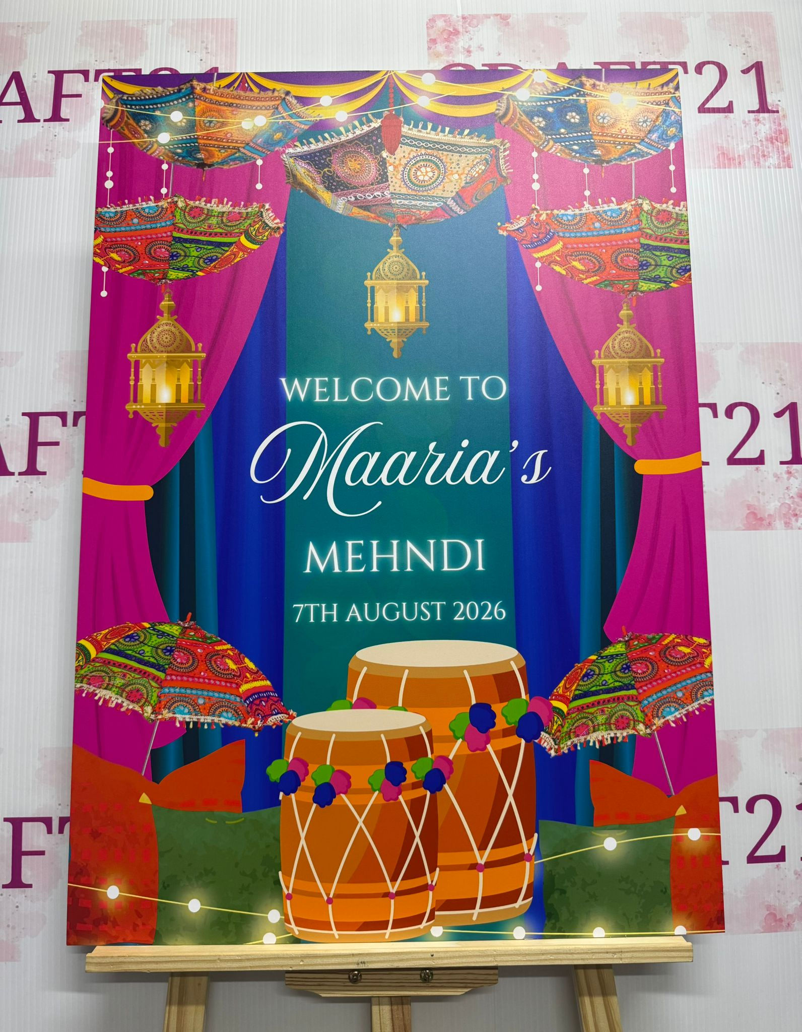 Pink Green and Blue Umbrella Theme Mehndi Welcome Board