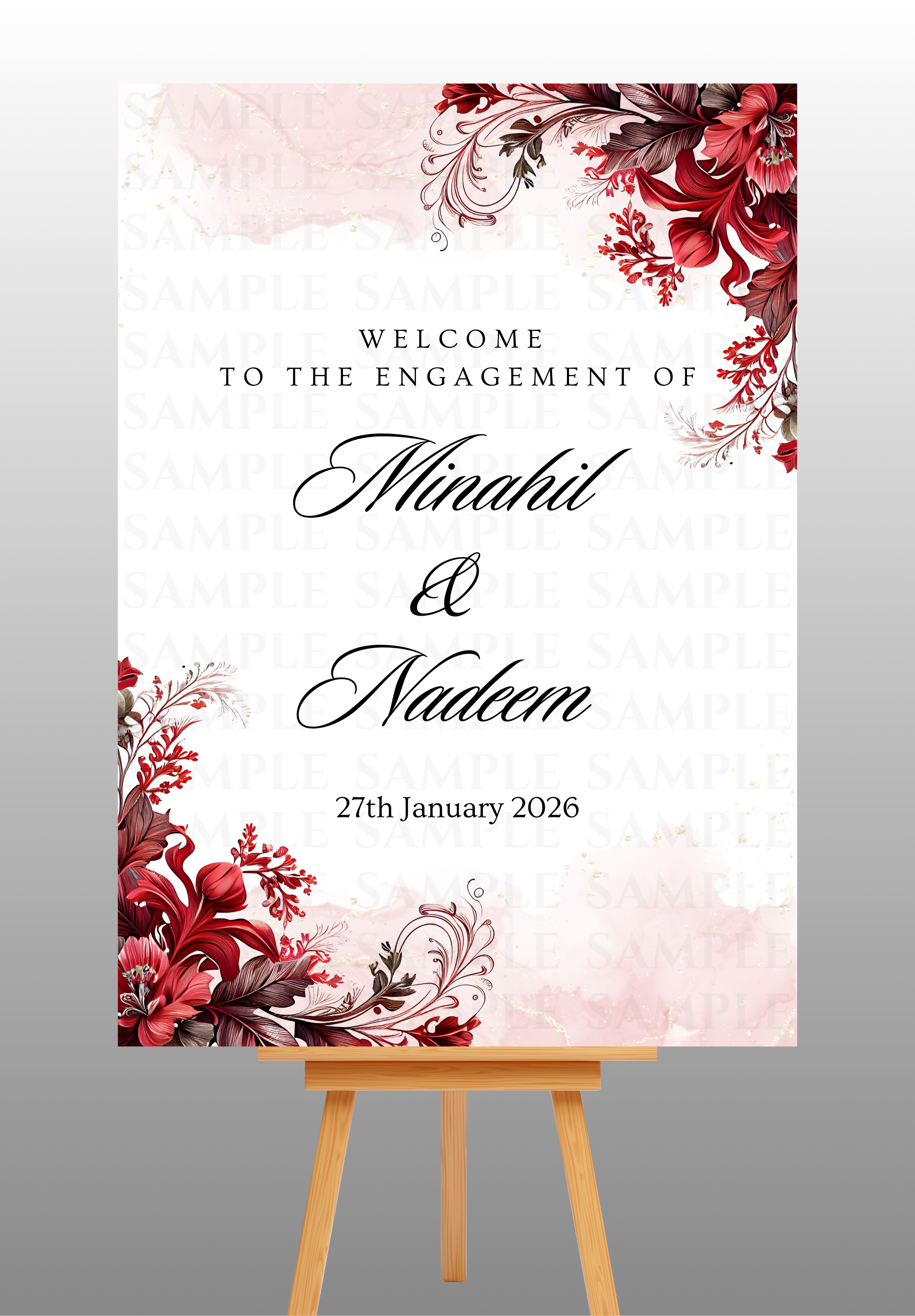 Red Vintage Floral Engagement Welcome Board