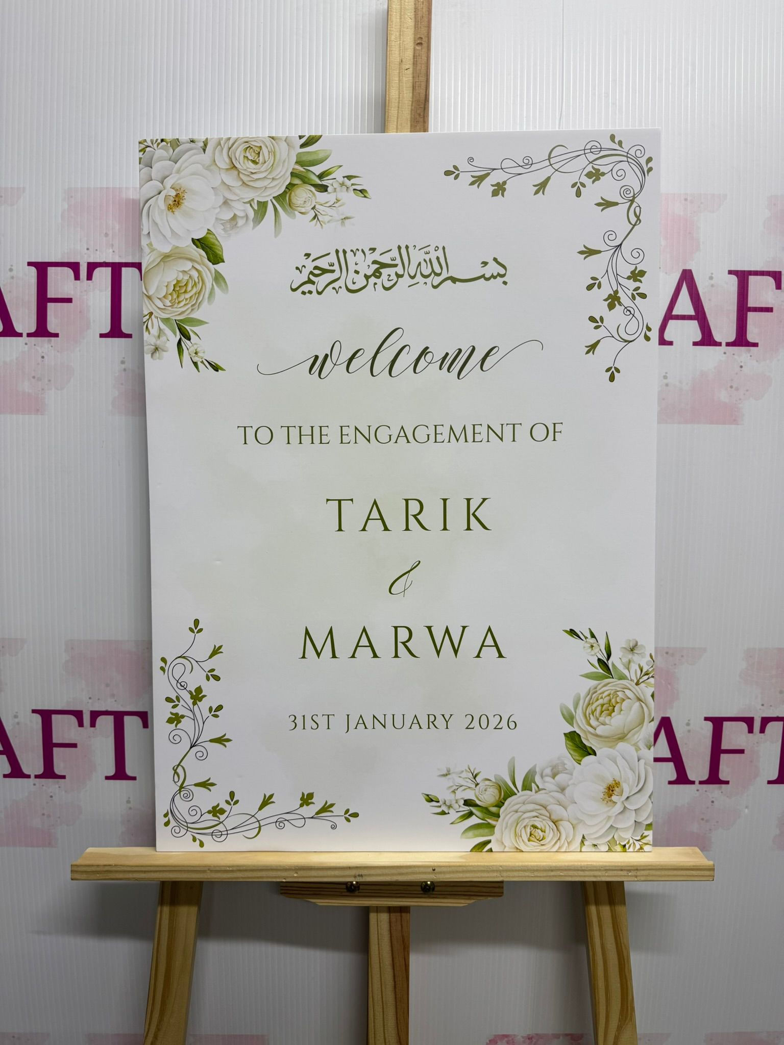 White Watercolour Floral Engagement Welcome Board