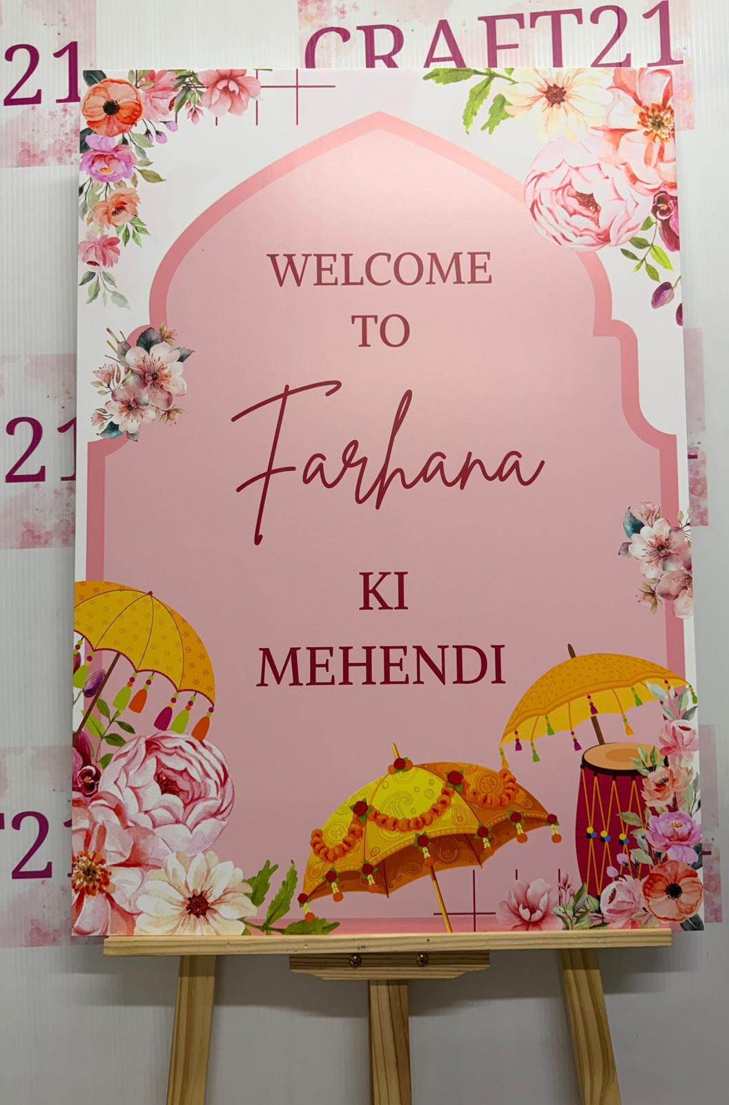 Light Pink Floral Arch Mehndi Welcome Board
