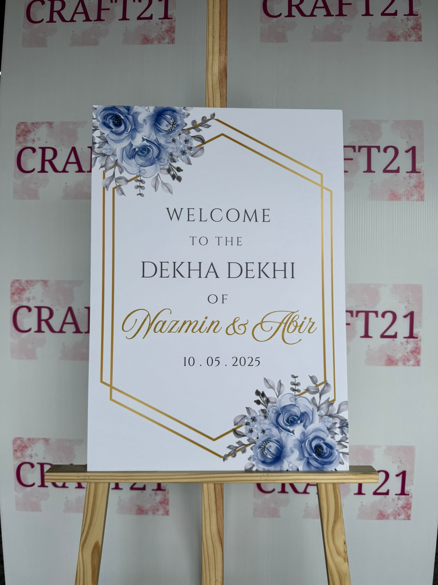 Watercolour Blue Flowers With Gold Frame Dekha Dekhi Welcome Board