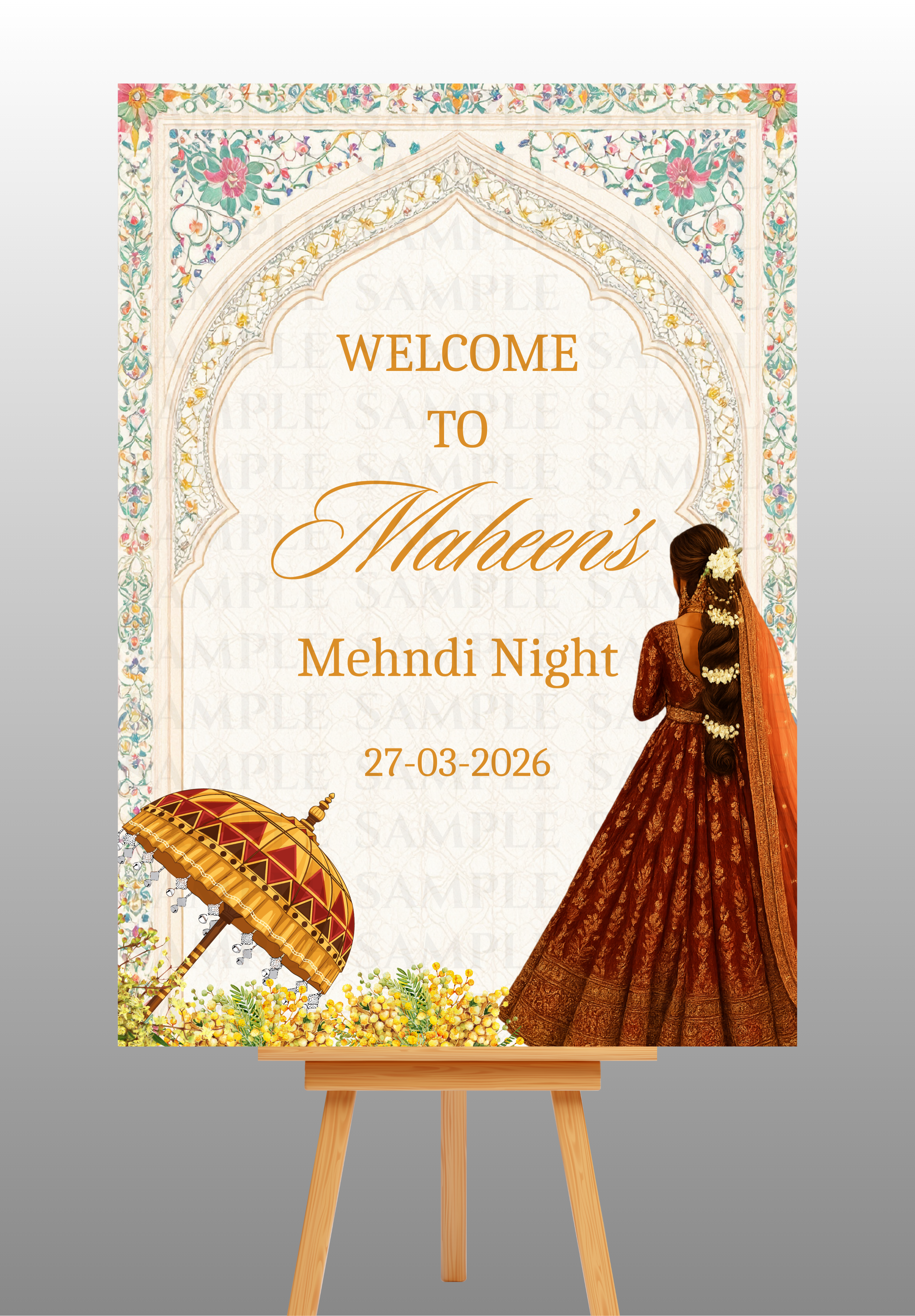 Elegant Arch With Customised Bride Mehndi Welcome Board