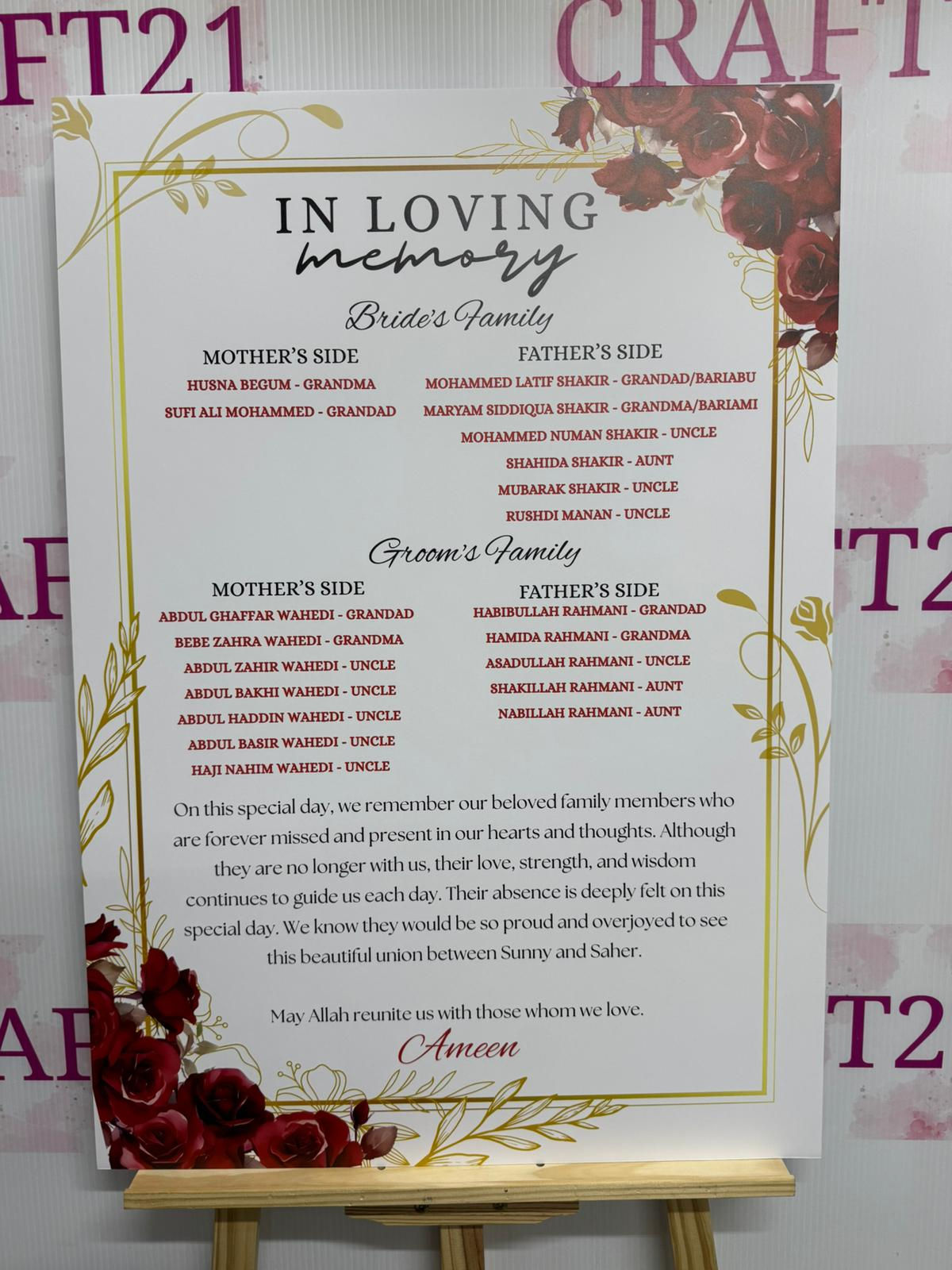 Red Roses With Gold Frame In Loving Memory Board