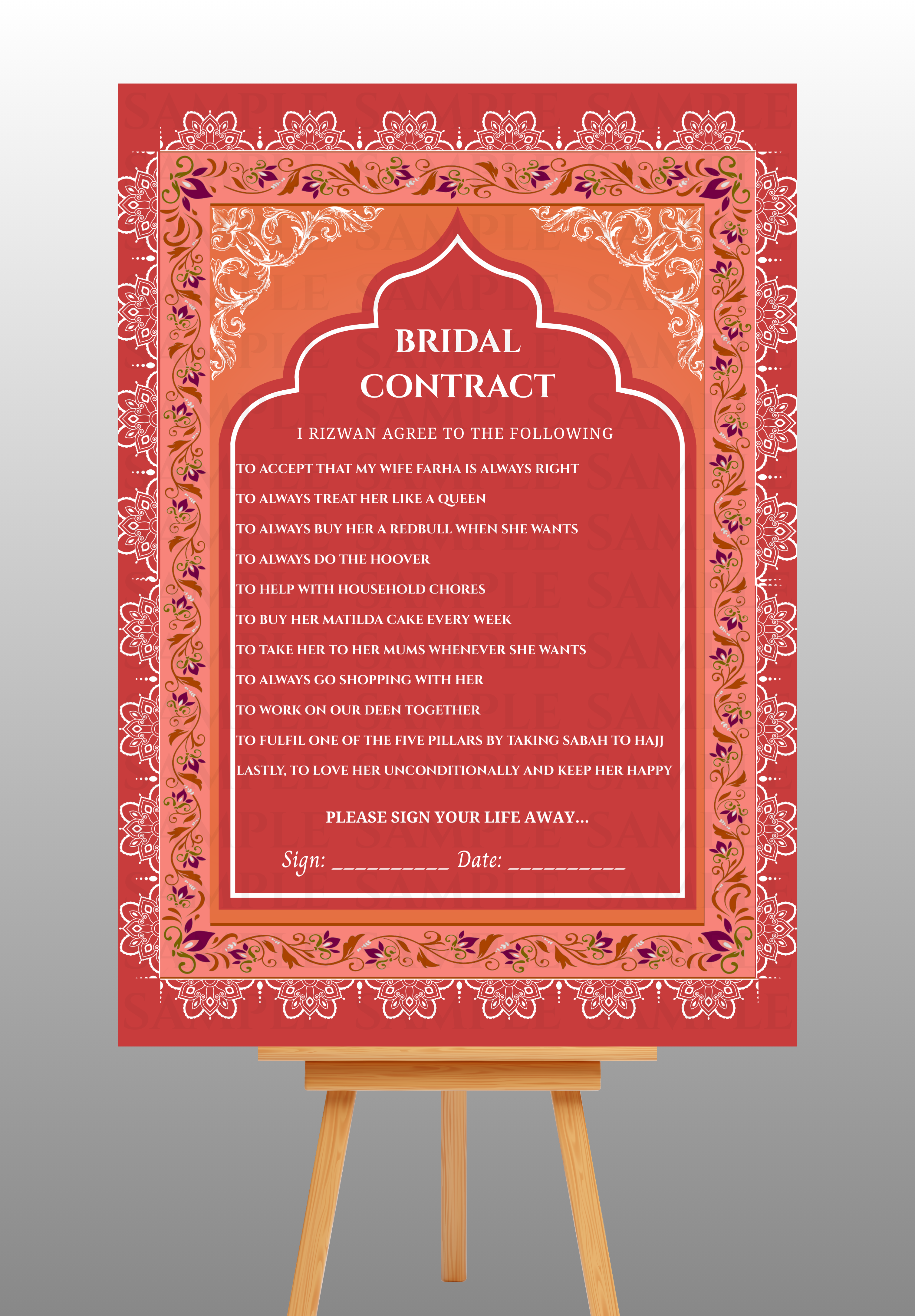Red and Orange Frame Wedding/Bridal Contract Board