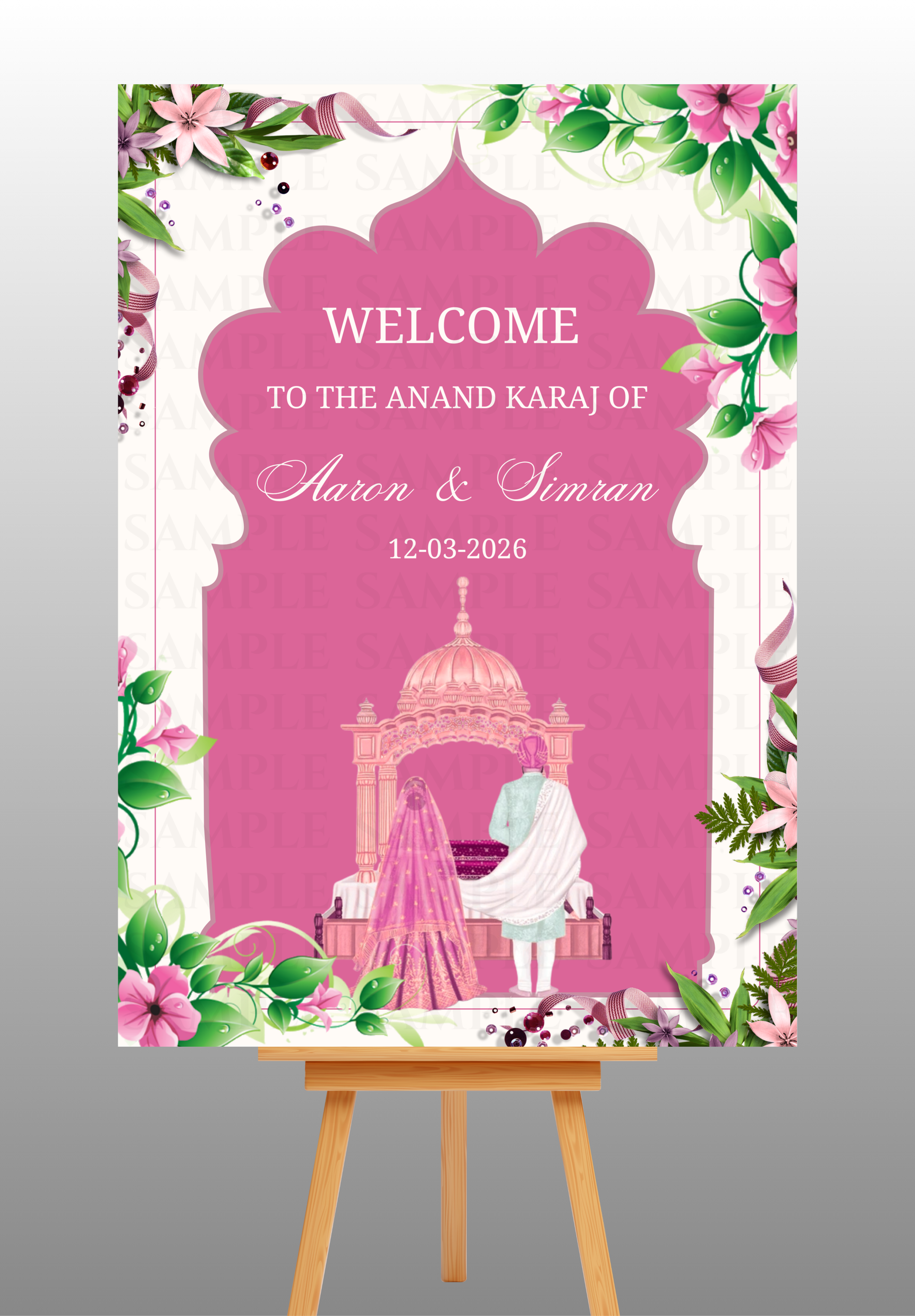 Pink Floral Arch Anand Karaj Welcome Board