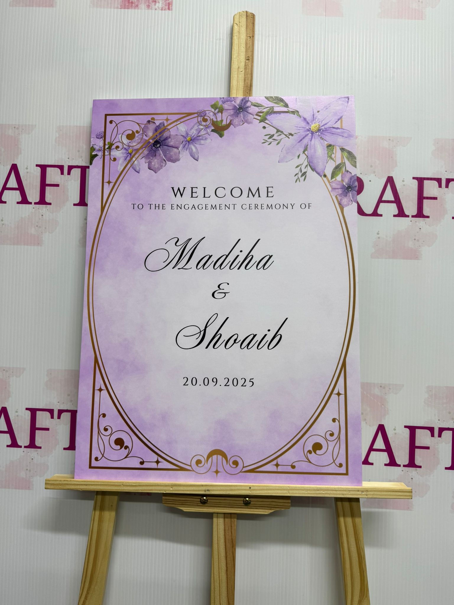 Purple Mirror Framed Floral Engagement Welcome Board