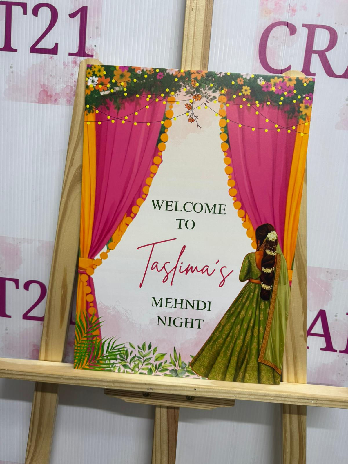 Pink and Green Flowers With Customised Bride Mehndi Welcome Board