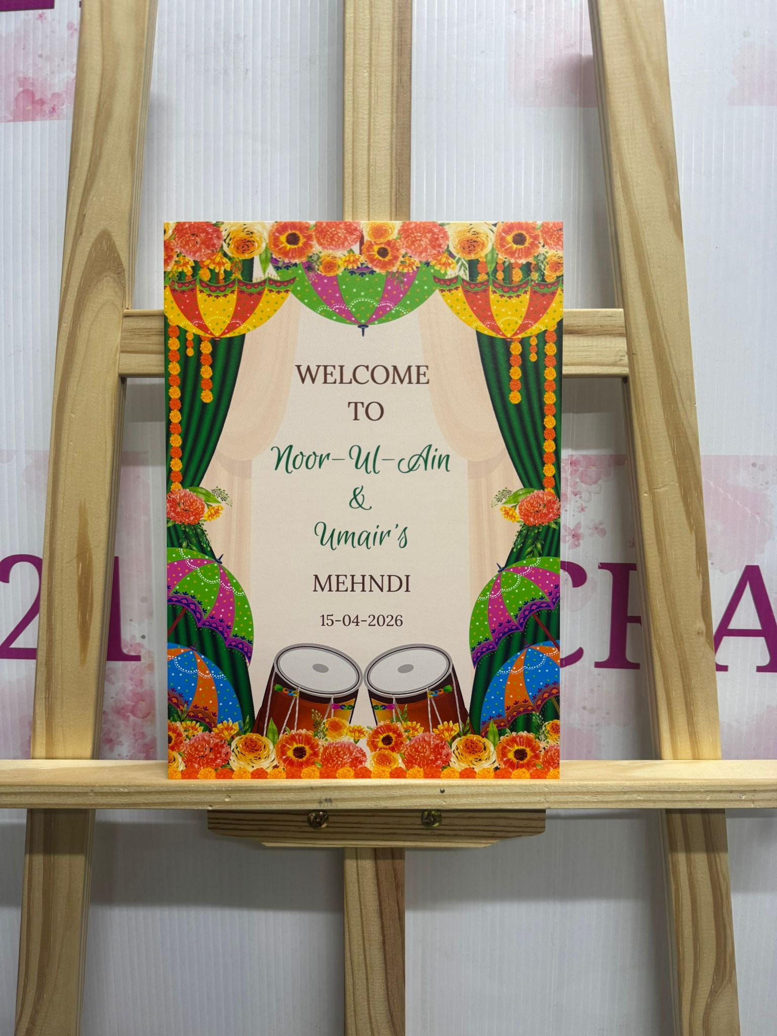 Elegant Orange and Green Umbrella Floral Theme Mehndi Welcome Board