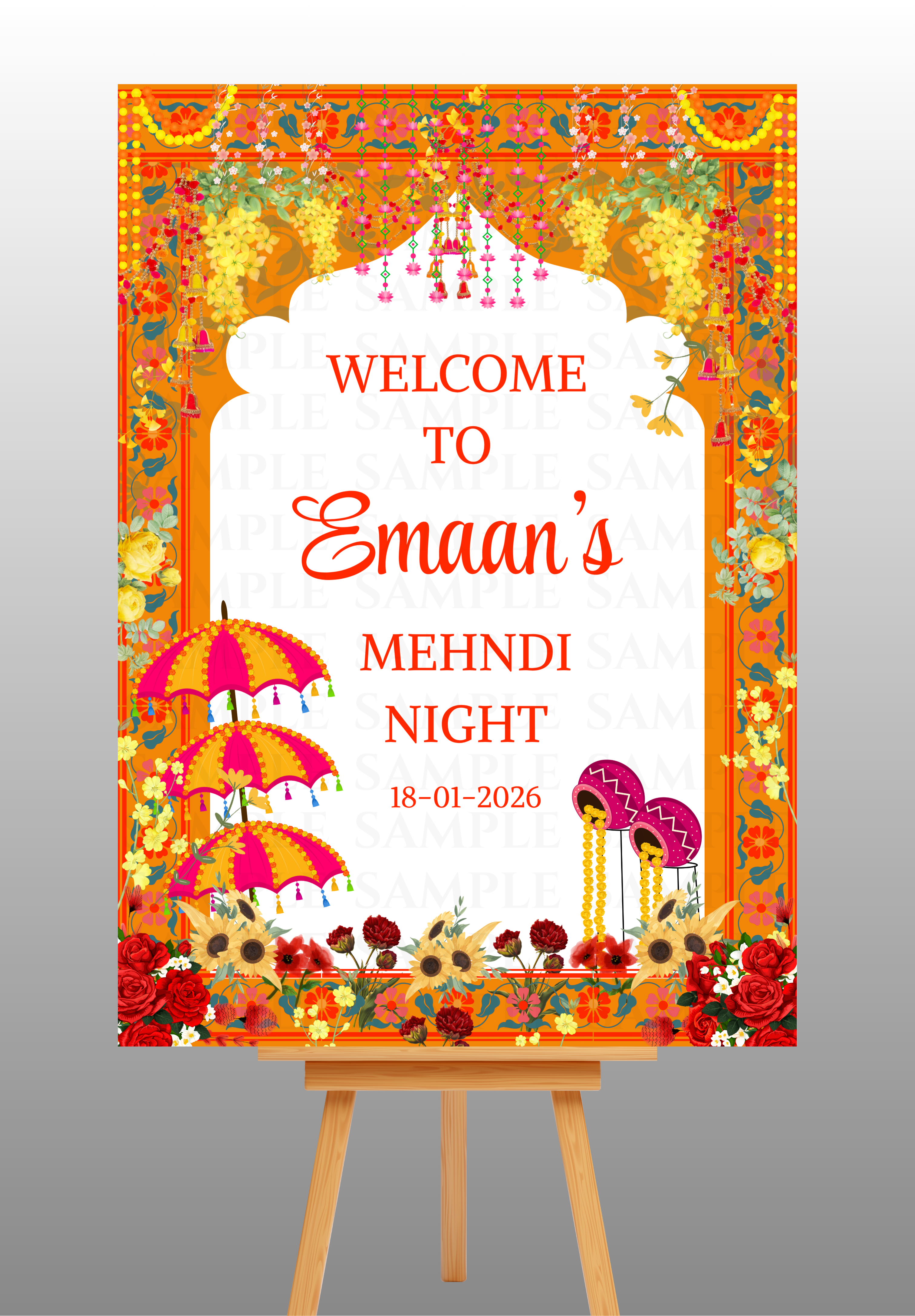 Elegant Orange Multifloral Mehndi Welcome Board