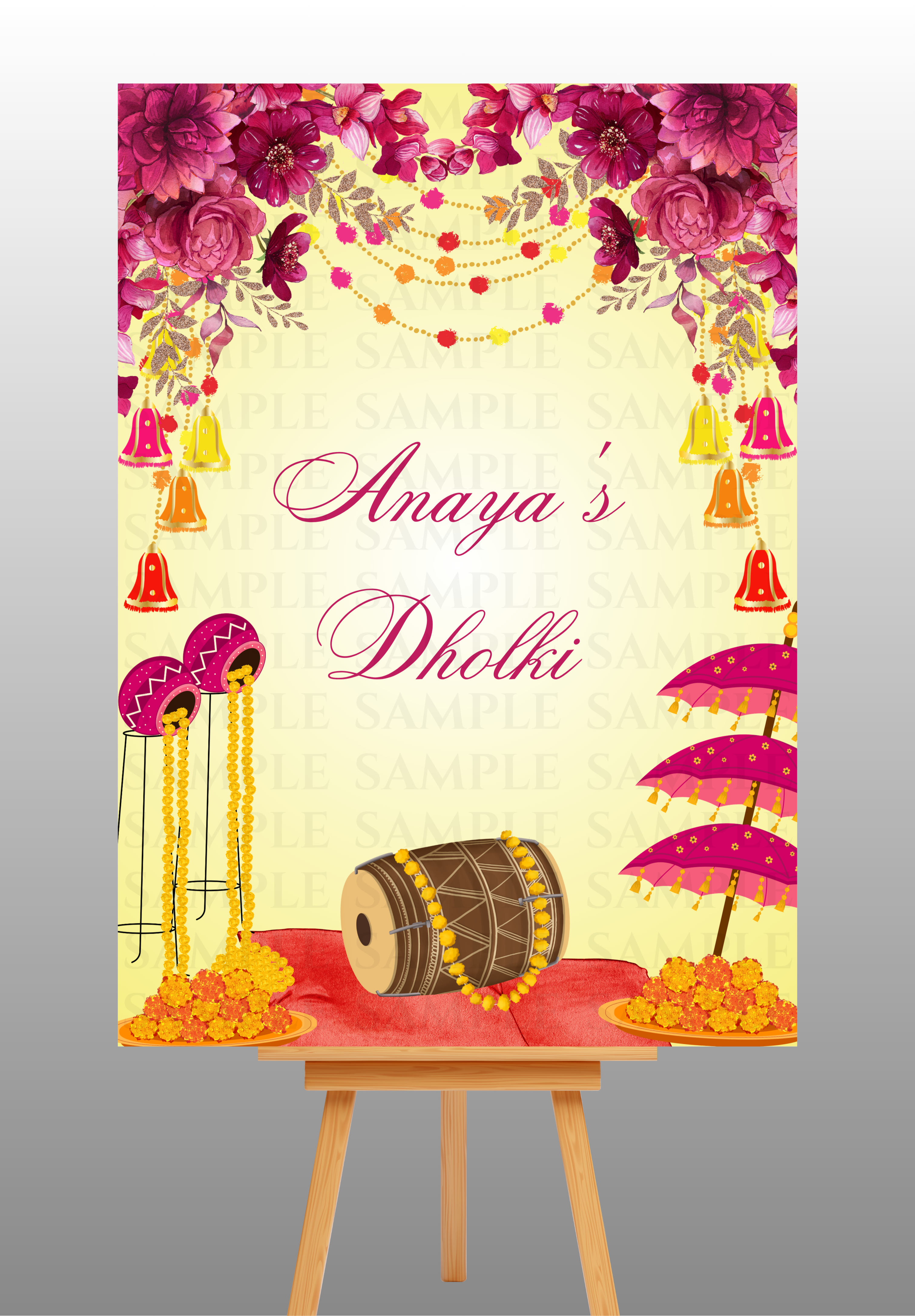 Yellow Background With Pink Flowers Dholki Welcome Board