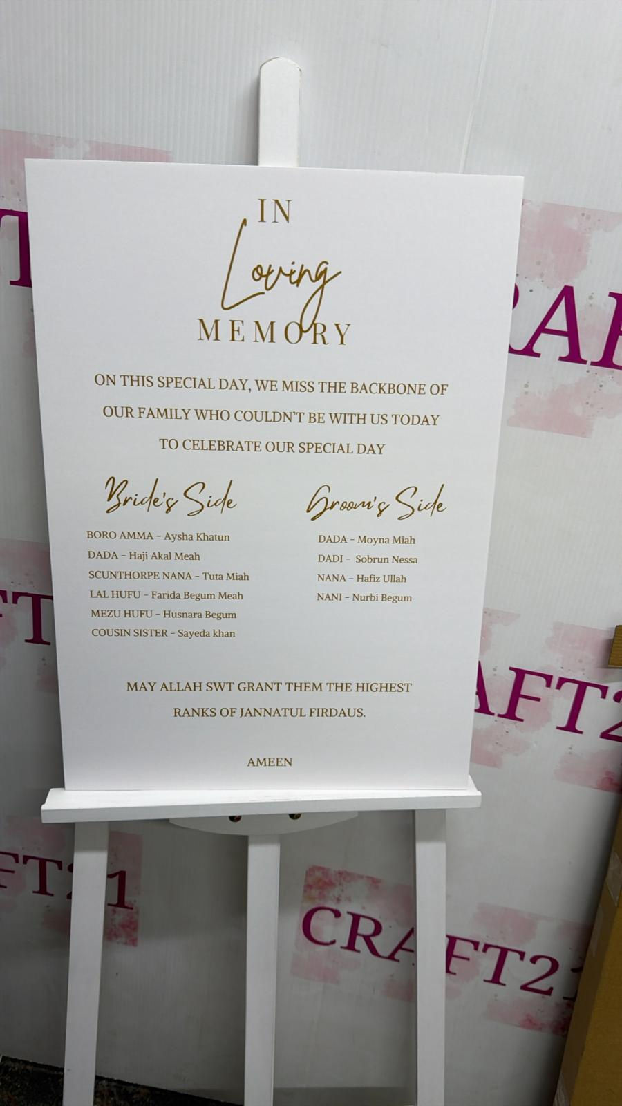 White and Gold In Loving Memory Board