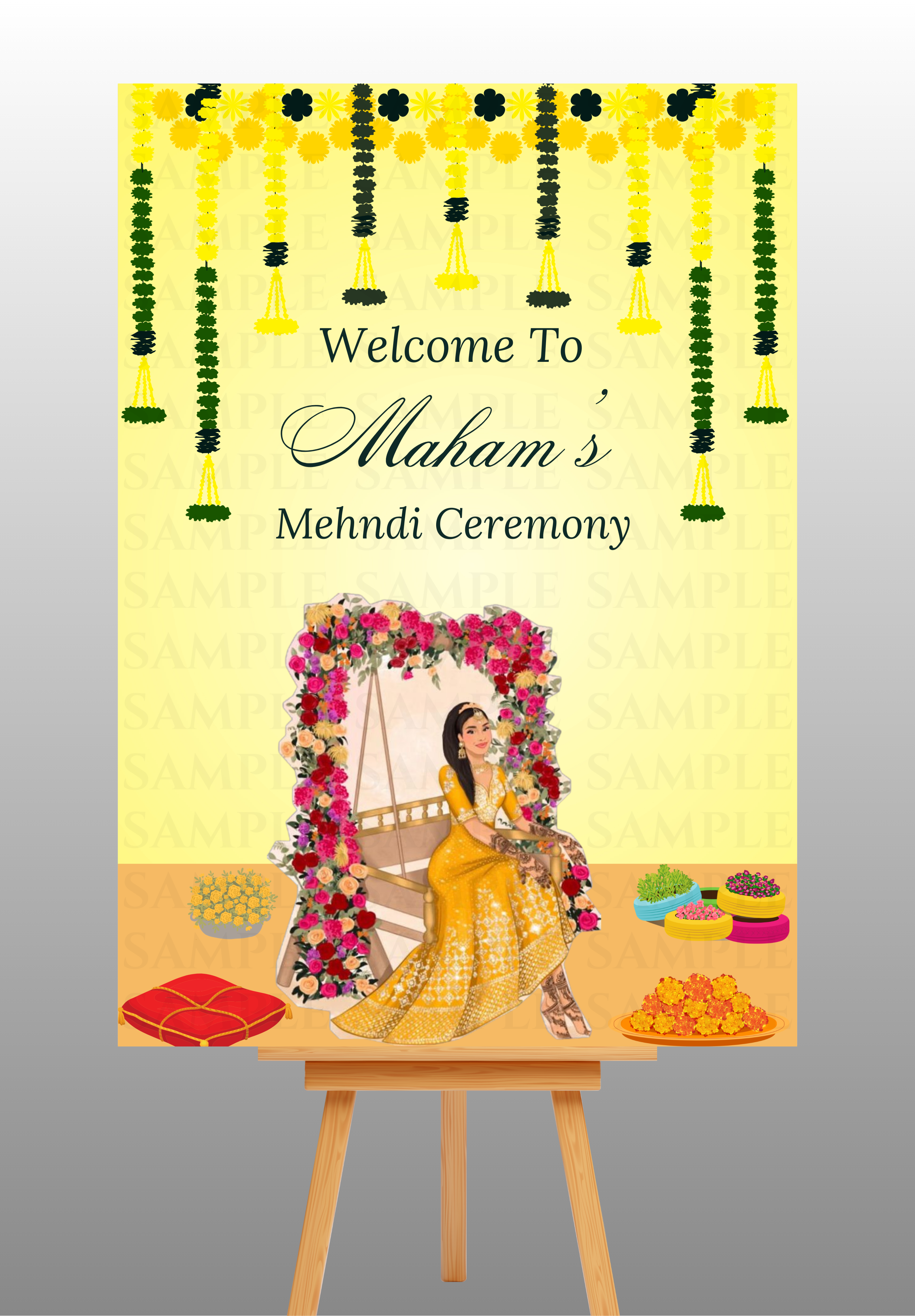 Yellow and Green Theme Customisable Bride Mehndi Welcome Board