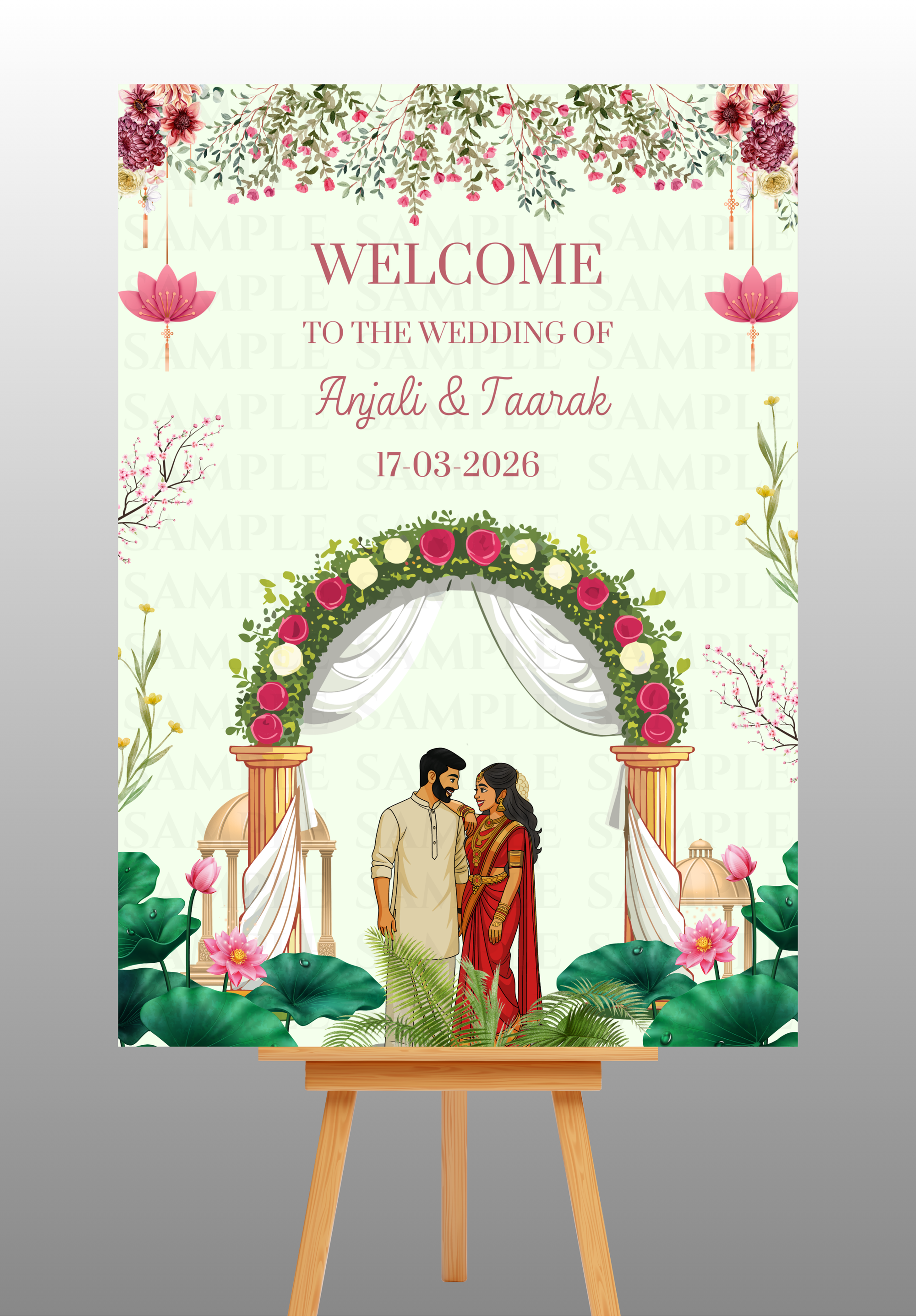 Pink and Green Floral Wedding Welcome Board
