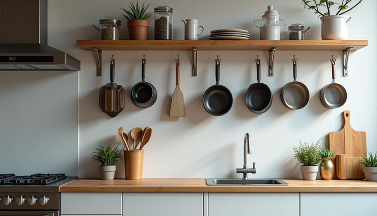 Eye-level view of a compact kitchen with smart wall-mounted shelves and hanging racks