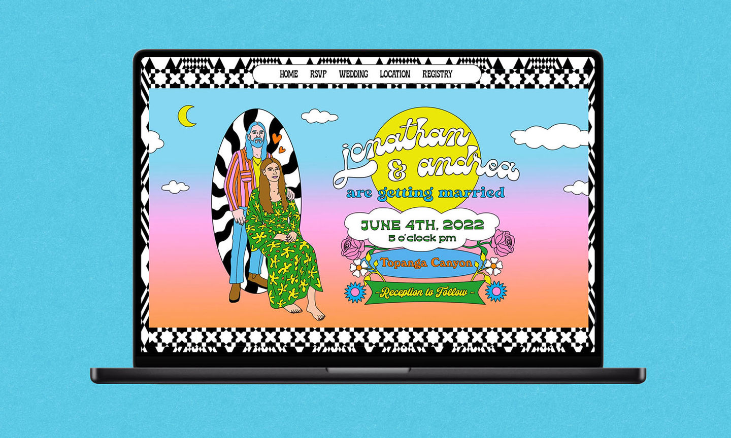  Wedding website wix Design unique illustration couple hippie floral psychedelic