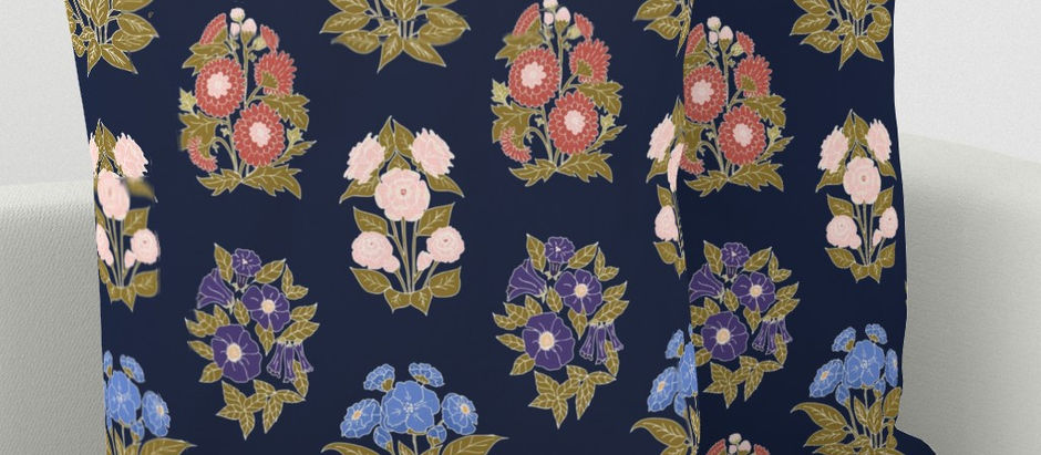 navy blue millefleur pattern pillow