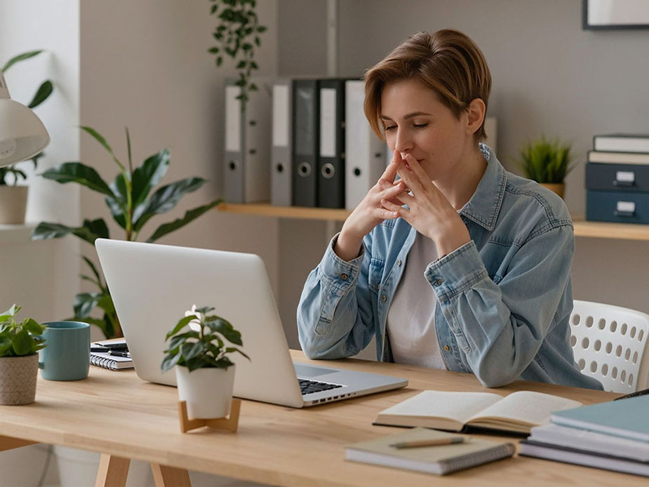 Woman at desk looks at laptop, thoughtful. Advanced Client Care.