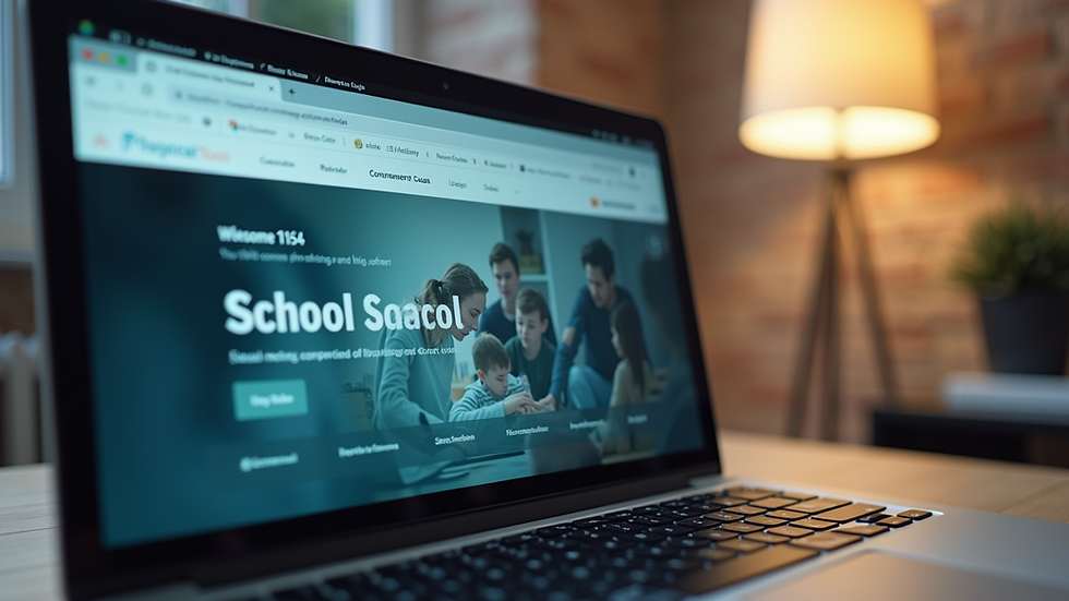 Close-up view of a laptop screen showing a school website homepage
