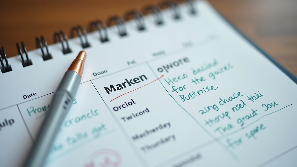 Close-up view of a calendar planner with marketing tasks and notes