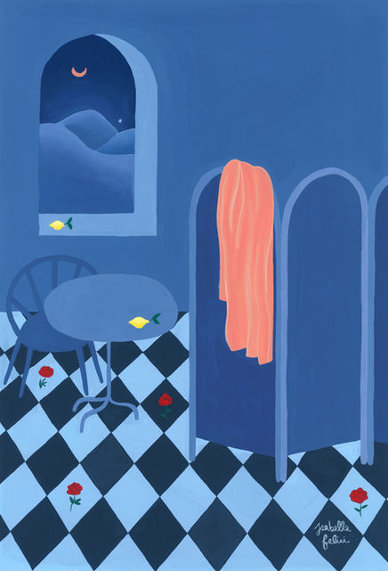 Illustrated nighttime interior scene with a window overlooking mountains, created for Bed Threads.