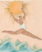 Illustration of a figure leaping while holding a red sun above the sea.