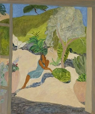 Peinture d’une femme assise dans un jardin sous le soleil