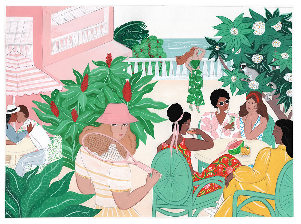 'Brunch and Lunch' is a gouache painting of a morning scene at Cobblers Cove in Barbados