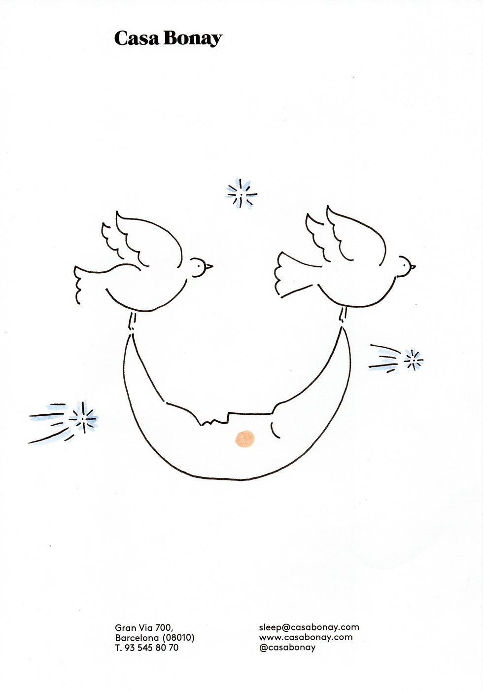 'Le jeu du dodo' is a hand drawn sketch of a sleeping moon crescent carried by two doves